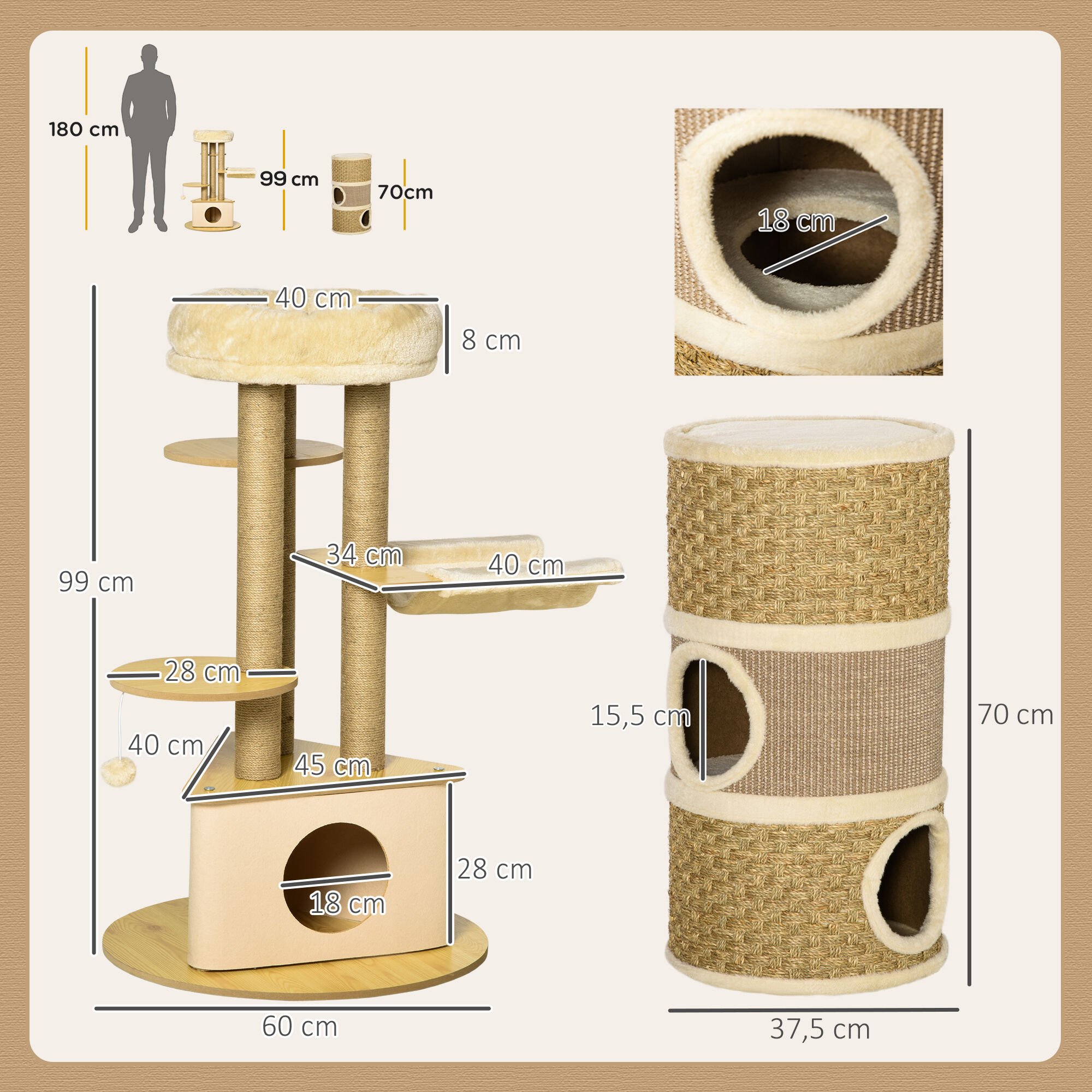 PawHut Conjunto para Gatos Madera Natural, , large Imagen numero 3