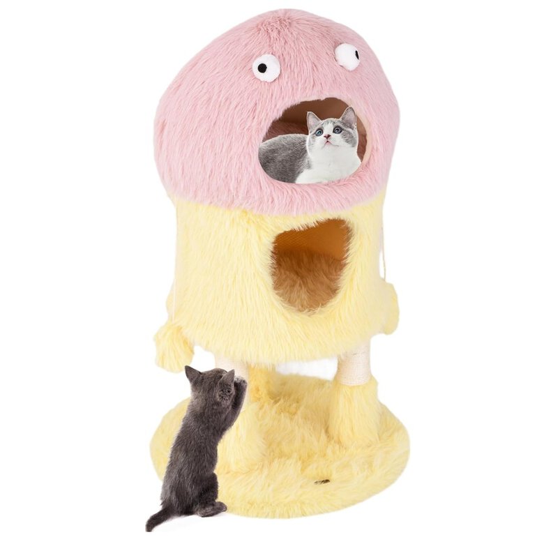 COSTWAY Árbol para Gatos, Torre para Gatos con Temática de Monstruos con Condominios, Felpa Larga y Suave, Poste Rascador De Sisal, Juguetes Colgantes, Árbol Rascador para Gatos (Rosa y Amarillo)
