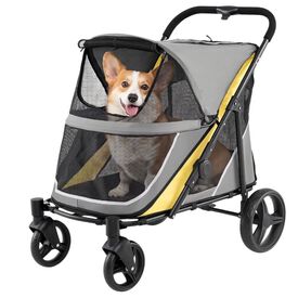 COSTWAY Cochecito Plegable de Acero de Alto Carbono para Mascotas, Carro Perro con Freno Trasero, Puertas con Cremallera, 3 Ventanas, Coj&iacute;n Extra&iacute;ble, Bolsillo y Portavasos, 105 x 68 x 72 cm