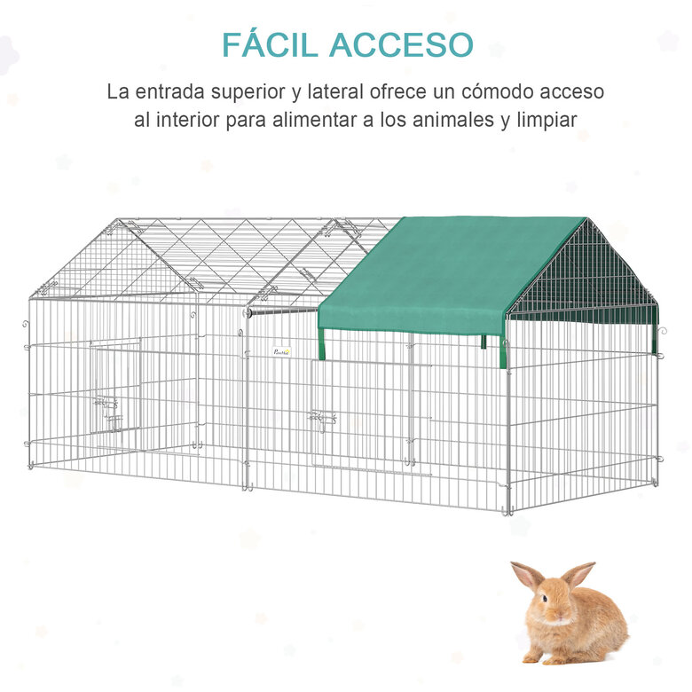 PawHut Jaula Recinto para Animales Pequeños 220x103x103 cm Jaula para Conejos Corral con 2 Puertas y Protección contra Solar para Exterior Jardín Patio Plata y Verde, , large image number null