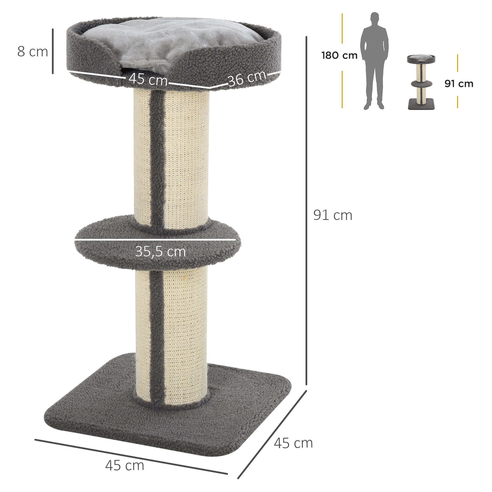 PawHut &Aacute;rbol Rascador para Gatos Altura 91 cm &Aacute;rbol para Gatos Torre para Gatos de 3 Niveles con Nido Plataforma y Poste de Sisal 45x45x91 cm Gris, , large Imagen numero 3
