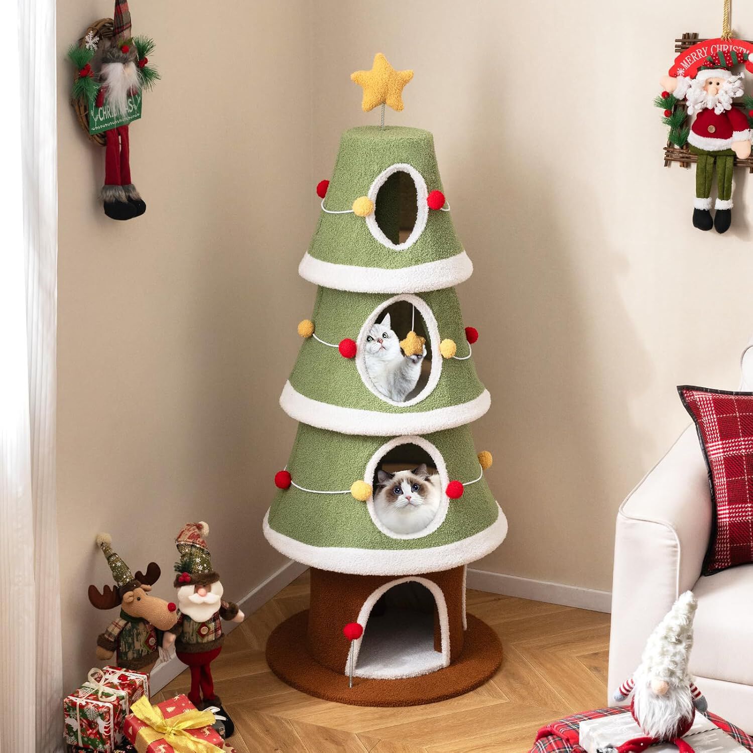COSTWAY &Aacute;rbol de Navidad para Gatos, 154 cm Torre Gatos Navide&ntilde;o con 4 Condominios, Alfombra de Sisal, Bola Colgante, Estrella, Rascador Gato en Forma de &Aacute;rbol de Navidad, Decoraci&oacute;n Navide&ntilde;a, , large Imagen numero 2