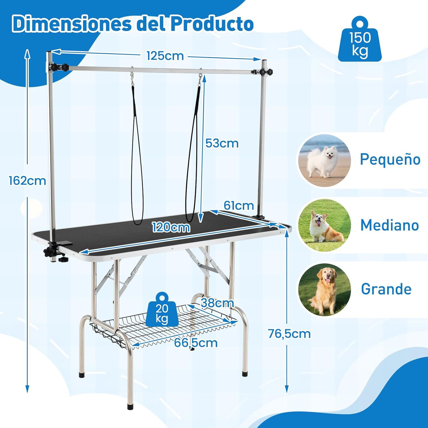 COSTWAY Mesa de Peluquer&iacute;a para Mascotas, Estaci&oacute;n de Aseo Plegable con Brazos Ajustables en Altura, Bandeja de Malla y Correas, Superficie Antideslizante e Impermeable, 125 x 61 x 162,5 cm, , large Imagen numero 3