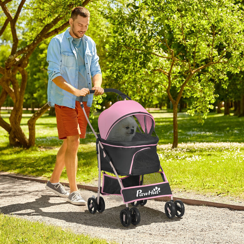 PawHut 3 en 1 Cochecito para Mascotas Carrito para Perros y Gatos Desmontable Bolsa de Transporte Plegable con Cesta de Almacenaje y Frenos Tela Oxford 600D Carga 15 kg 82x49,5x98 cm Rosa, , large image number null