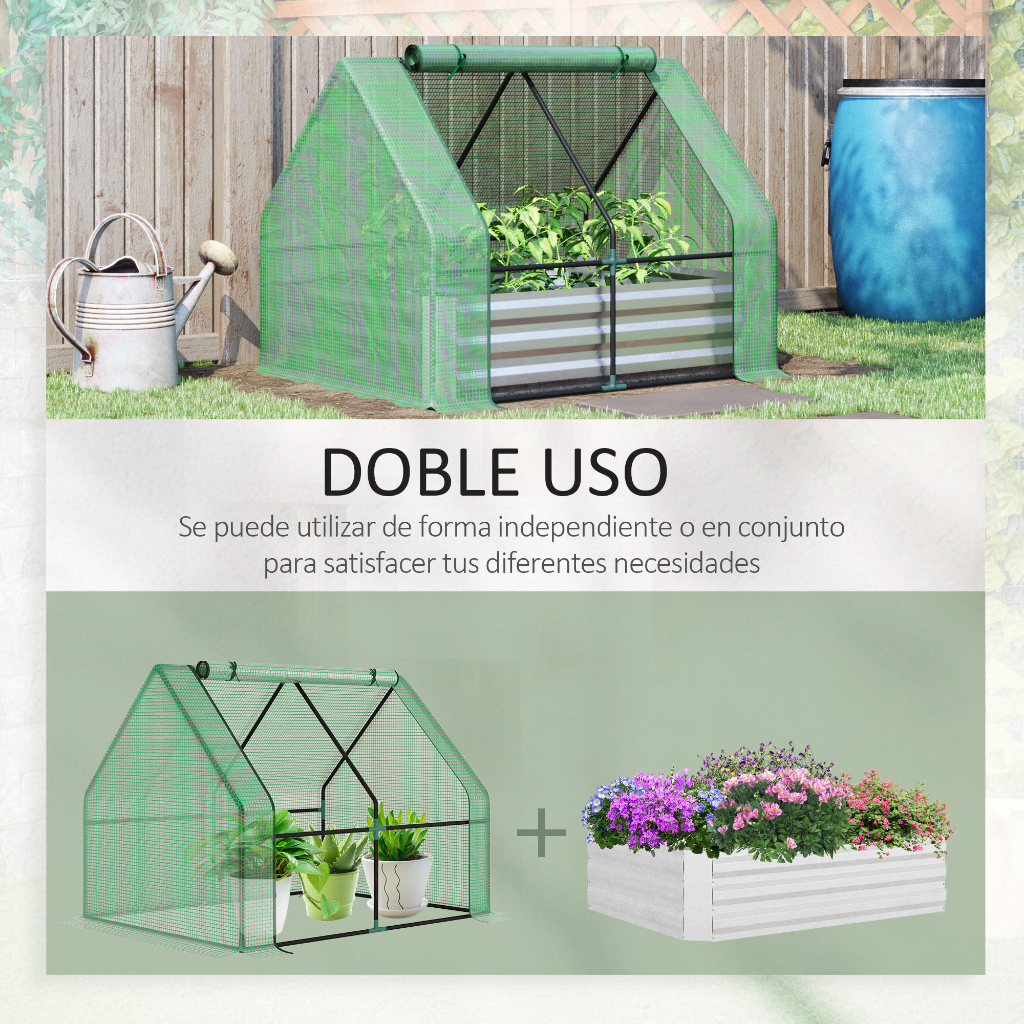 Outsunny Huerto Urbano con Invernadero 127x95x92 cm Tipo Caseta con Arriate de Acero Interior Ventana Enrollable y Cubierta de PE 140 g/m&sup2; para Cultivos Plantas Flores Verde, , large Imagen numero 4