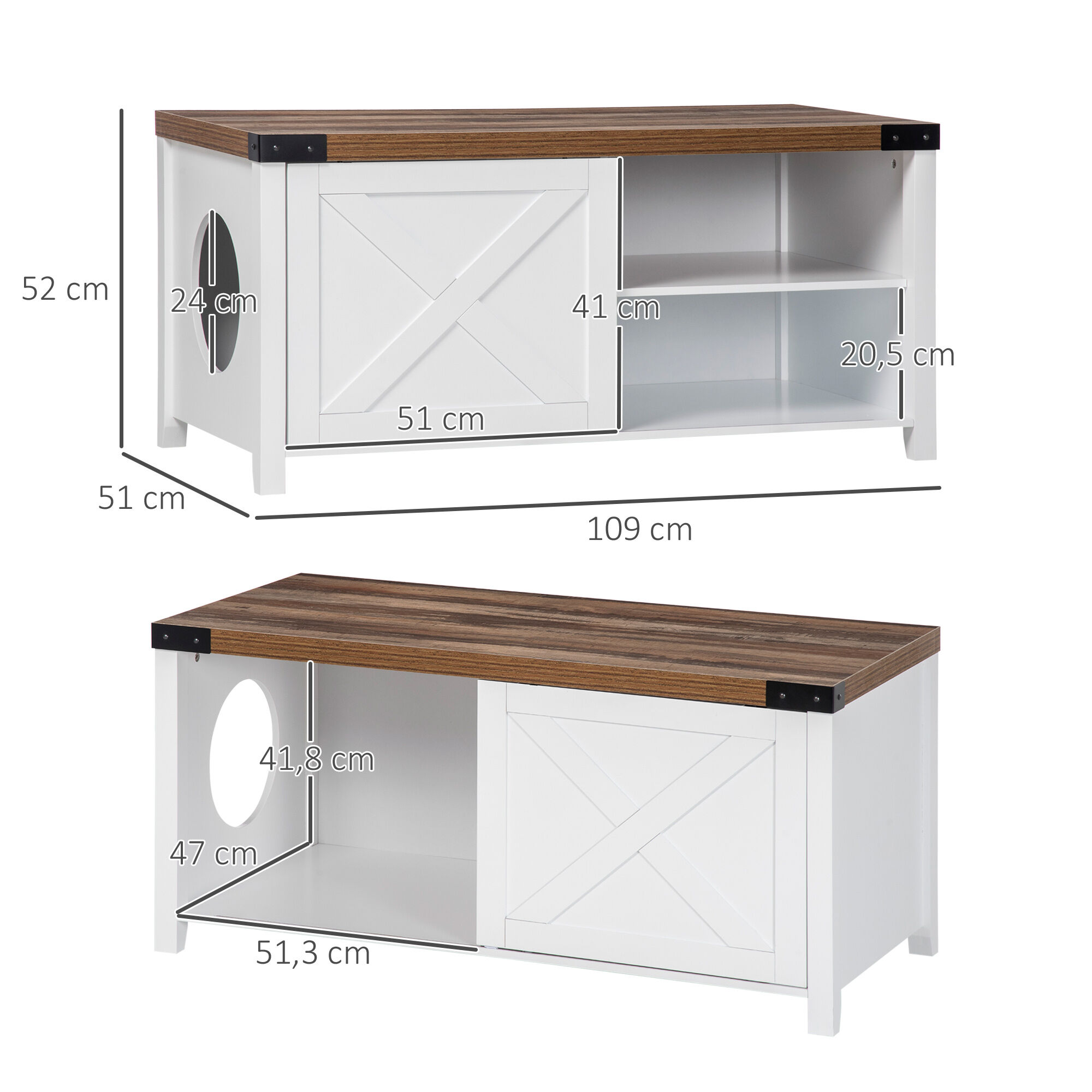 PawHut Mueble Arenero para Gatos Casa para Gatos de Madera 2 en 1 con Armario de Almacenaje Puerta Corredera y Estante Interior 109x51x52 cm Blanco, , large Imagen numero 3