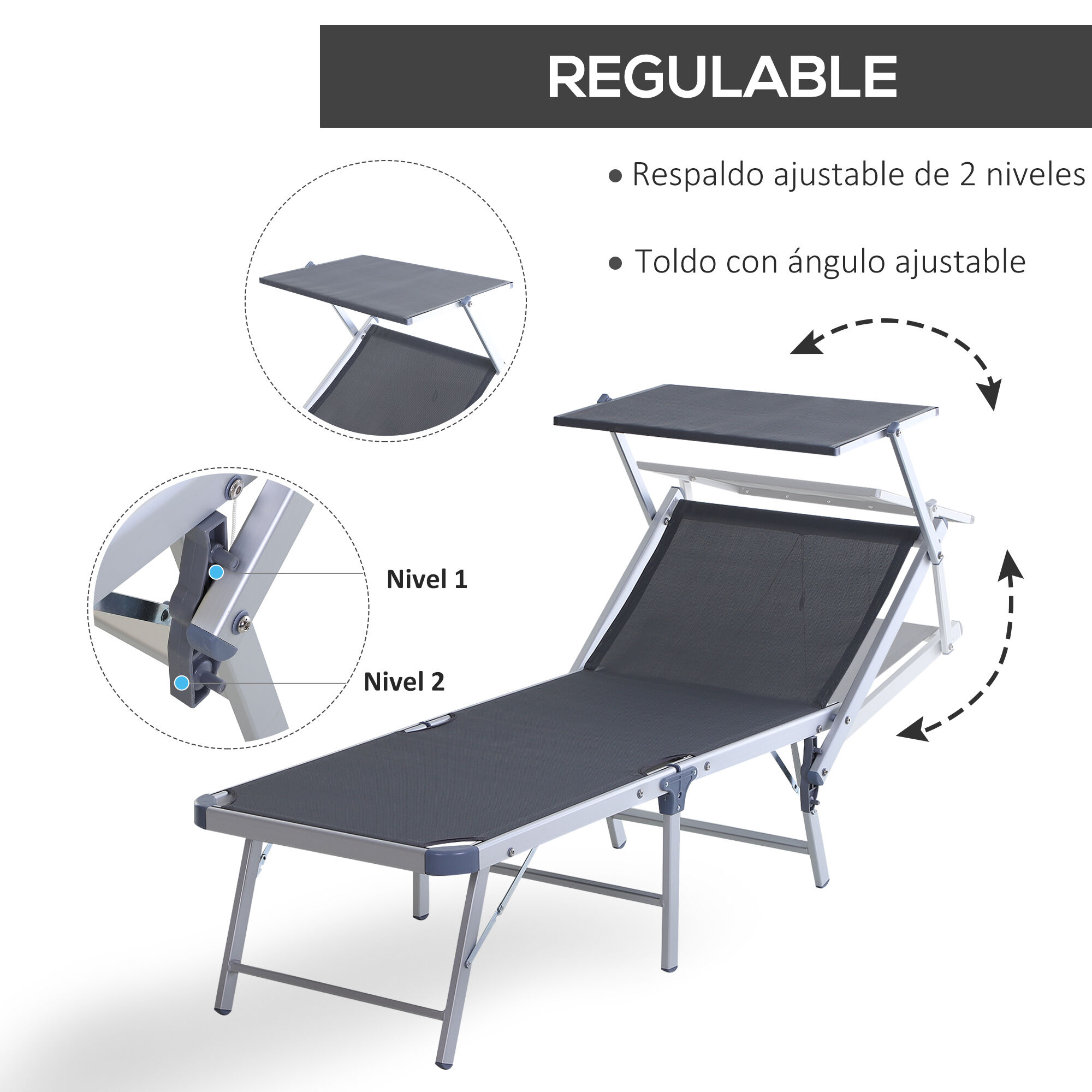 Outsunny Tumbona Plegable y Reclinable de Aluminio con Toldo Incorporado para Piscina Jard&iacute;n Terraza Exterior Carga 120 kg 169x72x50/70cm Gris, , large Imagen numero 4