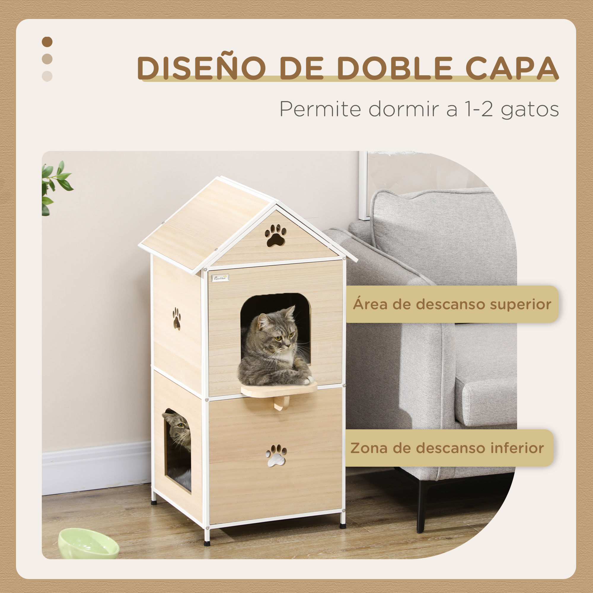 PawHut Casa para Gatos Madera Natural, , large Imagen numero 4