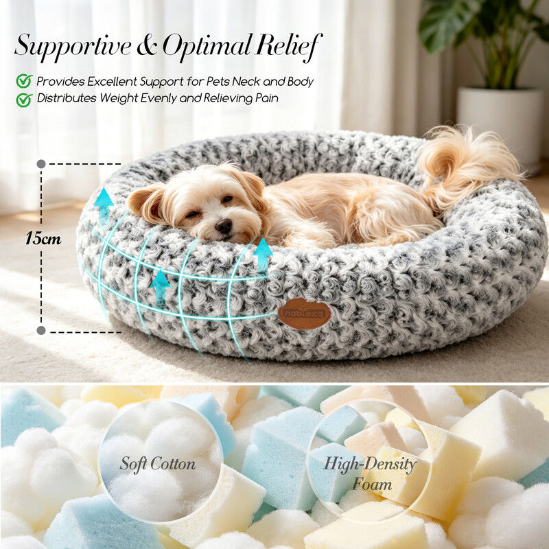 Nobleza Cama Redonda para Gatos y Perros Peque&ntilde;os/Medianos (&Oslash; 70 cm) - Coj&iacute;n Donut Antiestr&eacute;s de Felpa Suave con Textura Rosas, Cama Lavable e Antideslizante, Gris, , large Imagen numero 3