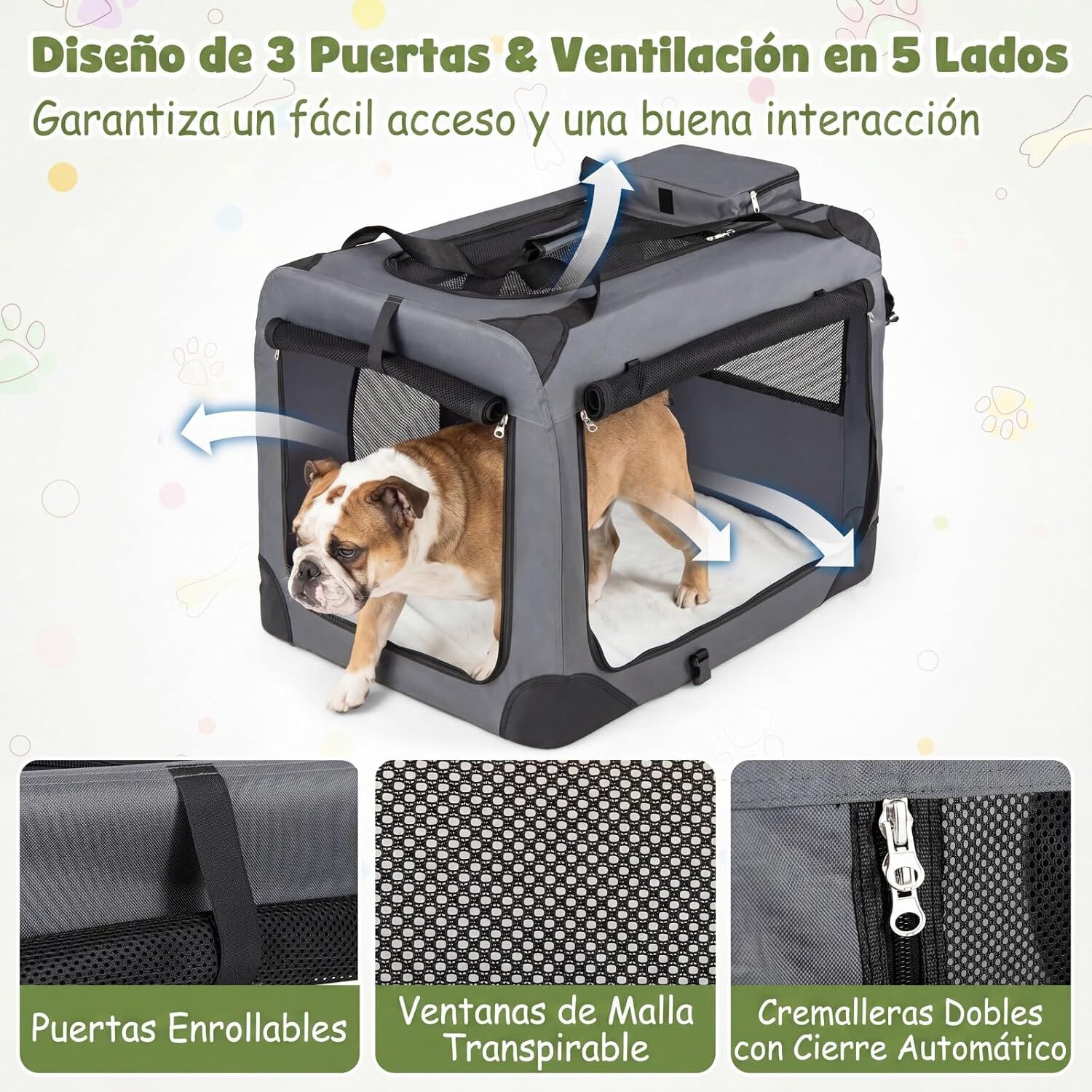COSTWAY Transport&iacute;n para Perros Plegable, Bolsa Transporte para Gatos con Ventanas de Malla, 3 Puertas y Bolsillos Extra&iacute;bles, Portador de Viaje para Mascotas Interior y Exterior (Gris, L), , large Imagen numero 3