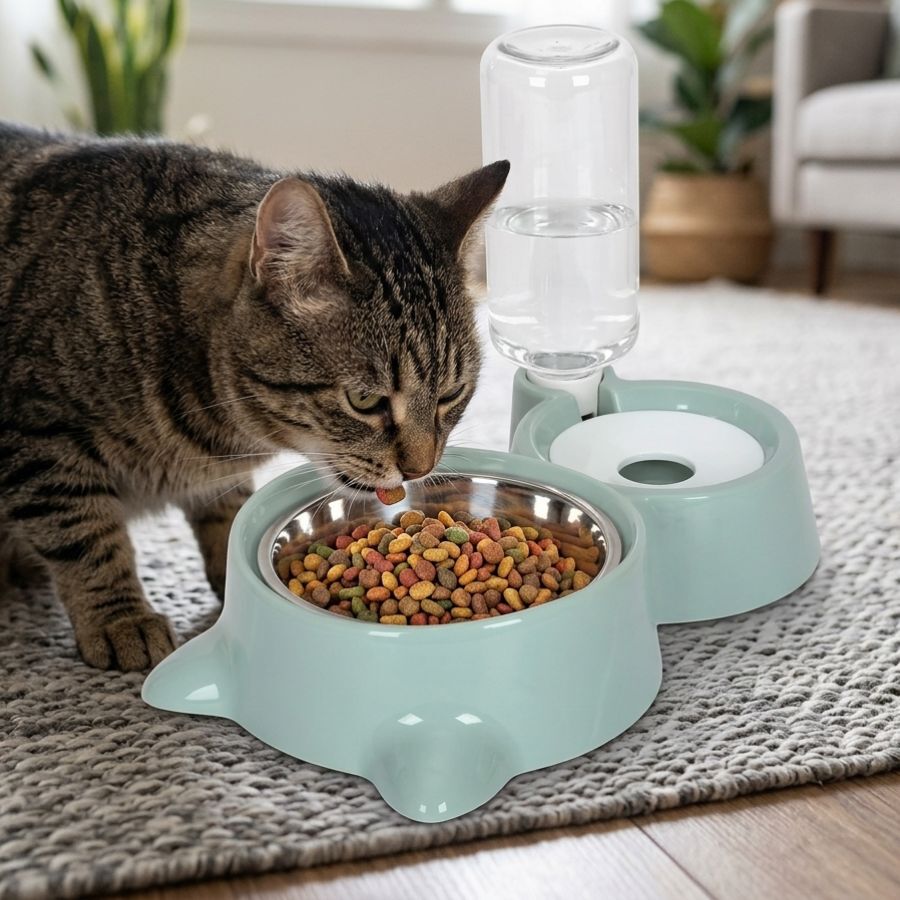 Leeby Comedero y Dispensador de Agua 2 en 1 Acero Inoxidable Verde para gatos, , large Imagen numero 1