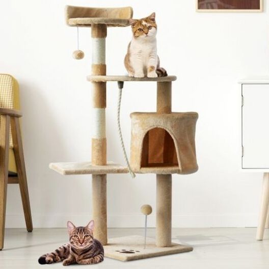 Pawhut árbol rascador con plataforma casetas y bolas de juego beige para gatos, , large image number null