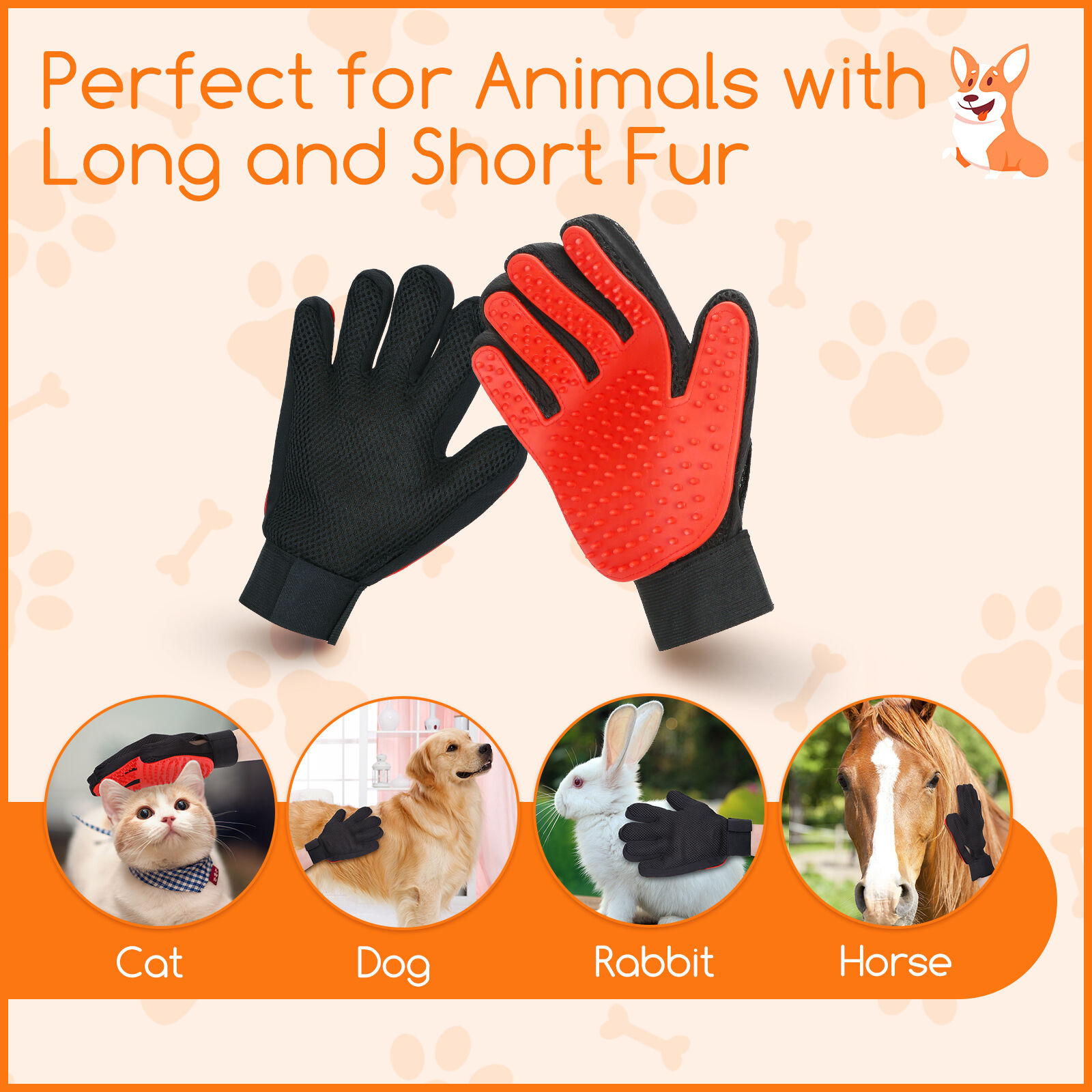 Nobleza - Guante Pelo Gato, Cepillo para Perros y Gatos Lavable y Reutilizable, Pack de 2 Guantes de Aseo para Perros y Gatos con Pulseras de Velcro Ajustables, Guantes Quita Pelos Gato, Rojo, , large Imagen numero 5