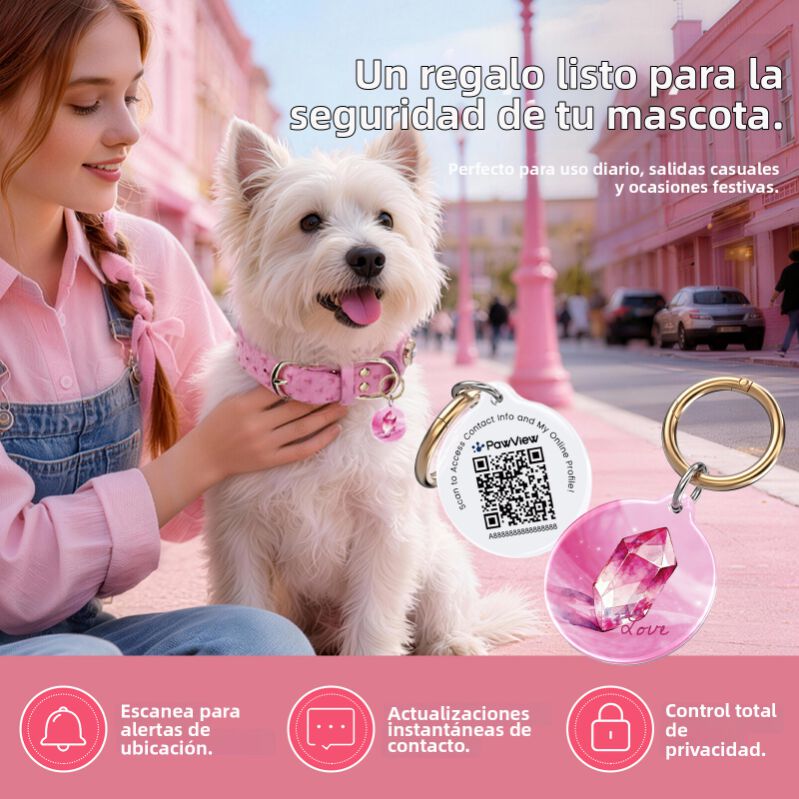 PawView Collar para Perro de Cuero Rosado con Cristales de Coraz&oacute;n y Placa de Identificaci&oacute;n QR Inteligente - Elegante, Seguro y Ajustable, , large Imagen numero 3