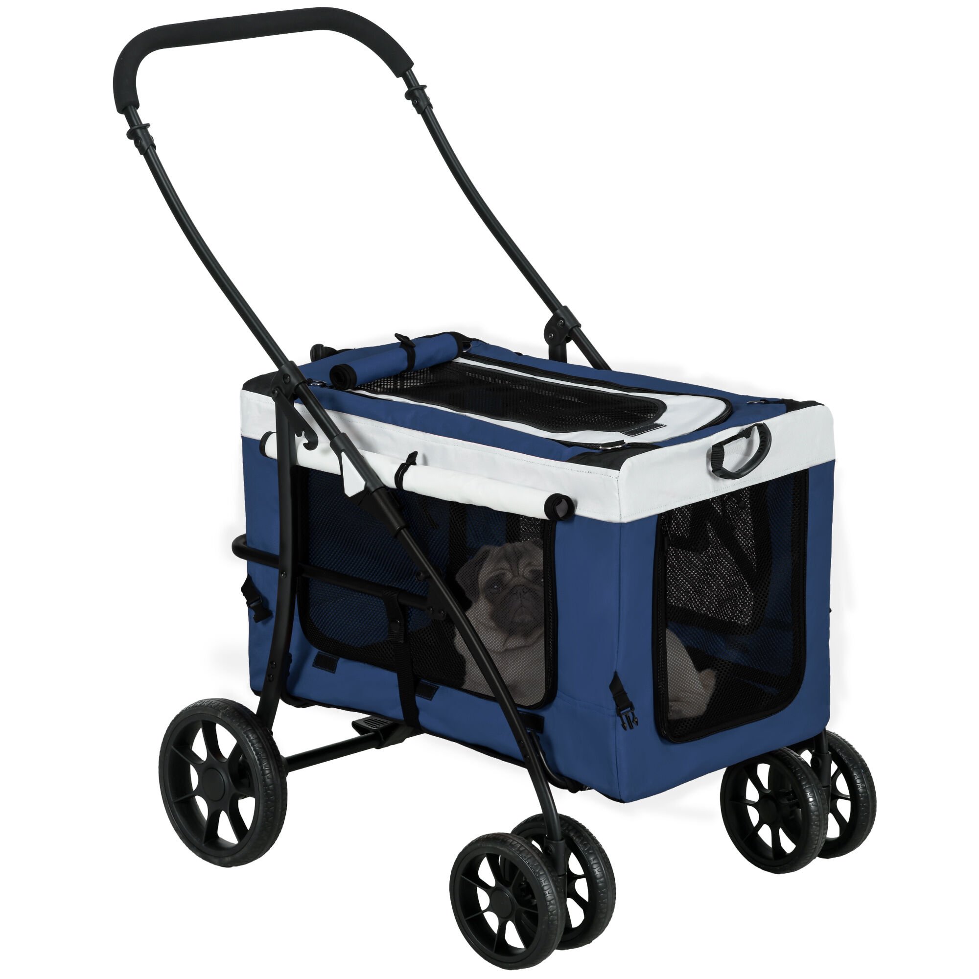 PawHut Carrito para Perros Cochecito para Perros Plegable con Vag&oacute;n Desmontable 4 Puertas con Cremallera 2 Correas de Seguridad 2 Correa de Transporte y Coj&iacute;n Azul, , large Imagen numero 1