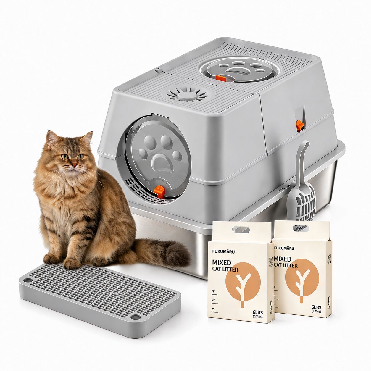 FreshPaw Bandeja Gato Acero Inoxidable XXL, Tapa Abatible, Antiodor + 2 Bolsas Fukumaru, , large Imagen numero 1