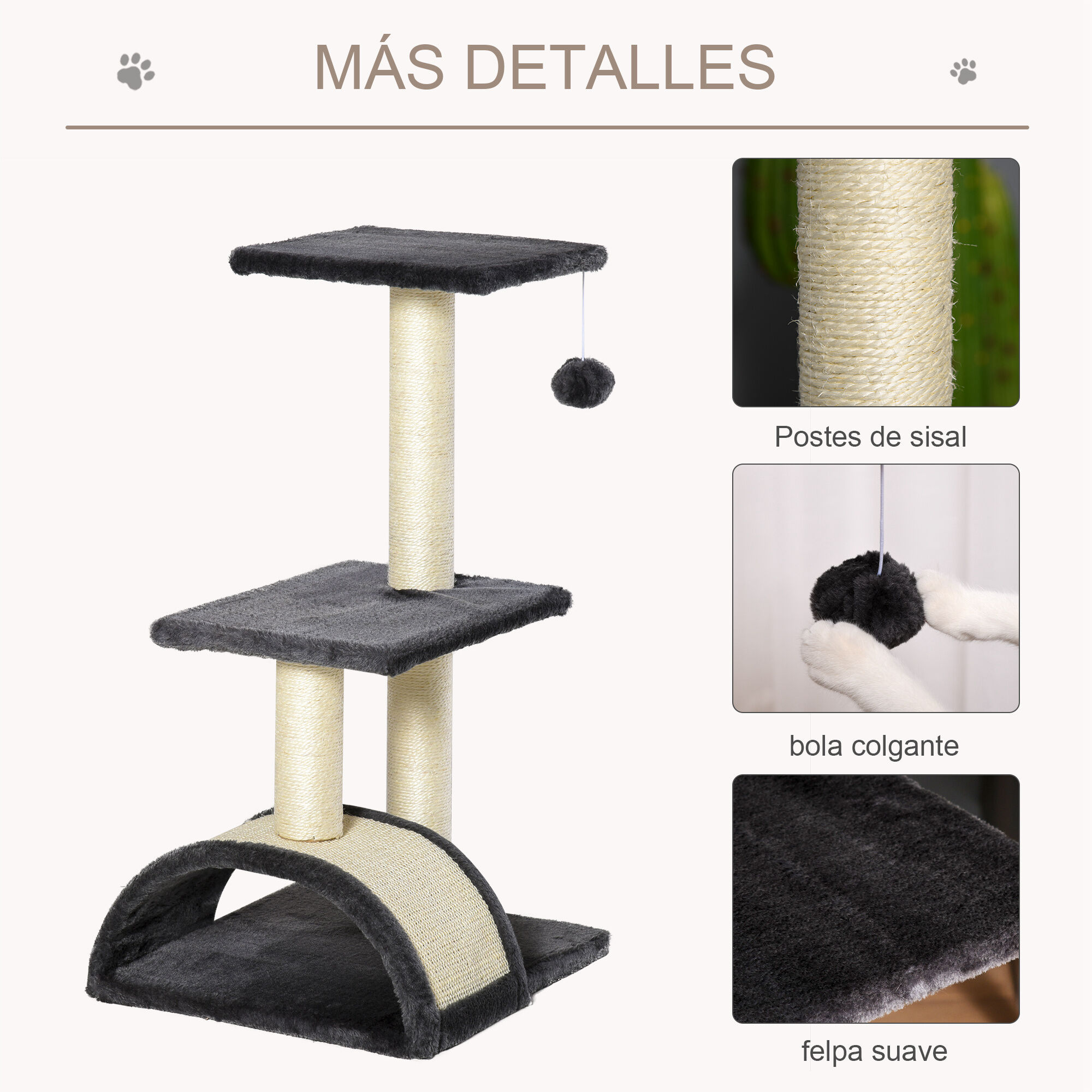 PawHut Rascador para Gatos Altura 72 cm &Aacute;rbol para Gatos Torre de Escalada con Postes de Sisal Tablero para Rascar Plataformas y Bola Colgante Gris Carb&oacute;n, , large Imagen numero 5