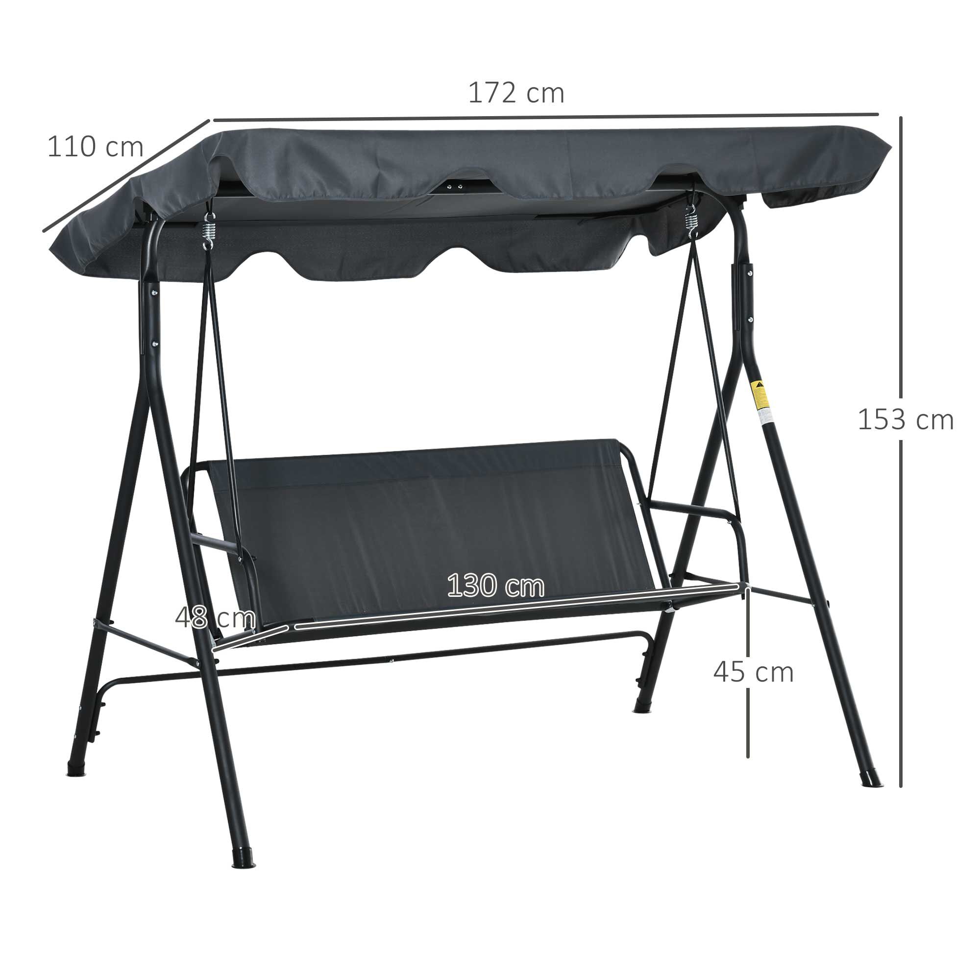 Outsunny Columpio Balanc&iacute;n de Jard&iacute;n Exterior de 3 Plazas con Coj&iacute;n Techo Ajustable y Marco de Acero para Balc&oacute;n Terraza Patio Carga M&aacute;x. 200 kg 172x110x153 cm Gris, , large Imagen numero 3