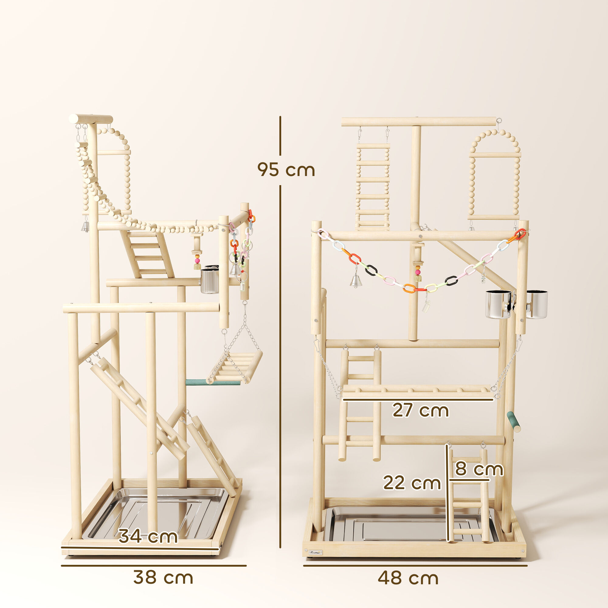 PawHut Parque de Juegos para P&aacute;jaros, Soporte de Madera para P&aacute;jaros con Escaleras, Columpio, Juguete de Cadena, Bandeja, Comederos, para Periquitos, Cacat&uacute;as, Cotorras, Agapornis, 48x38x95 cm, , large Imagen numero 3
