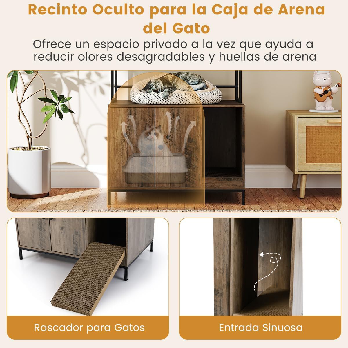 COSTWAY Mueble Arenero para Gatos, 78x51x137 cm, Caja de Arena Grande para Gatos con Estantes de Almacenamiento, Ganchos y Tablero Rascador, Estructura Met&aacute;lica, Mueble Auxiliar Gato para Sal&oacute;n, , large Imagen numero 4