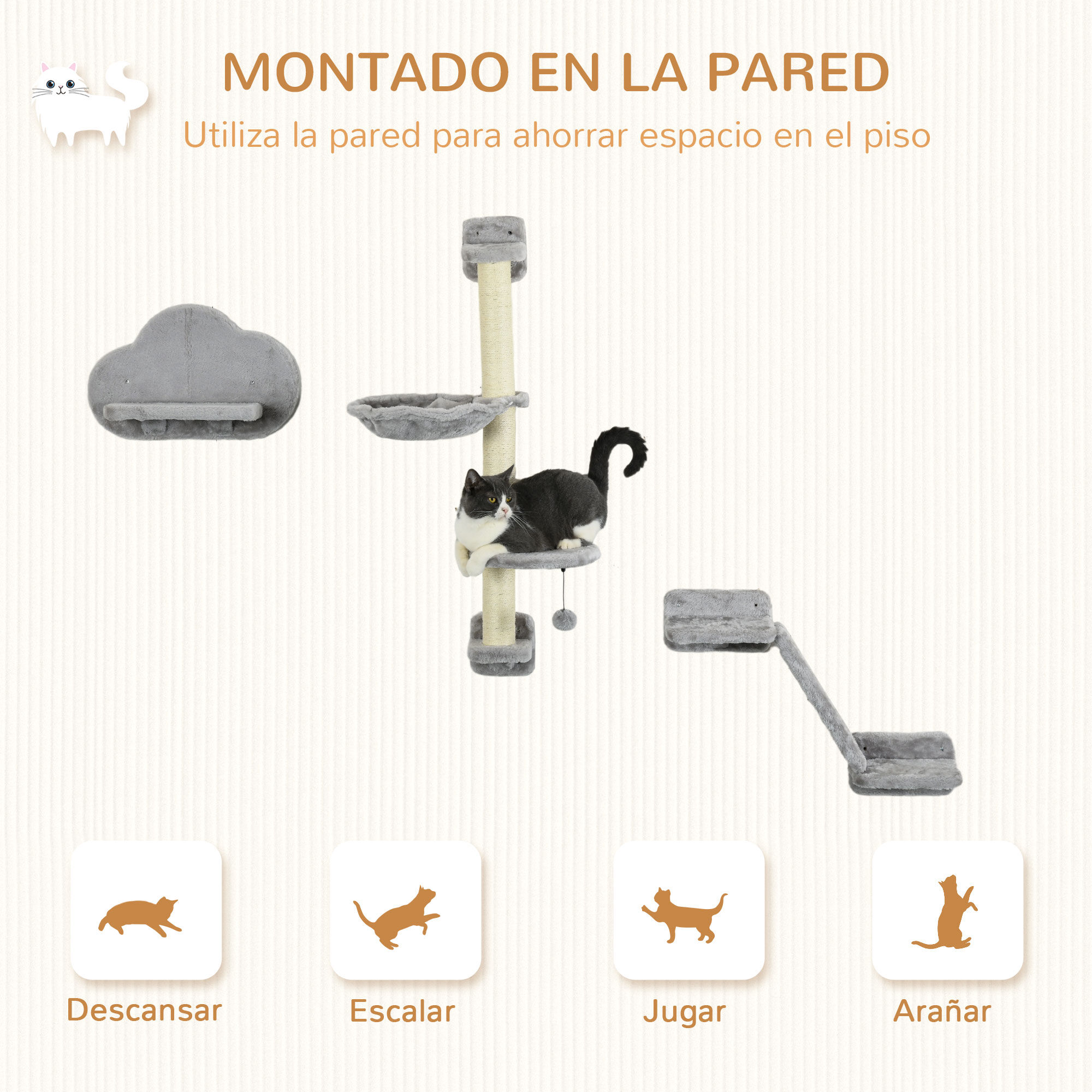 PawHut Juego de Pared de Escalada para Gatos de 3 Piezas, Estanter&iacute;as de Pared para Gatos con Hamaca, Rampa con Rascador, Plataforma en Forma de Nube para Saltar, Gris, , large Imagen numero 4
