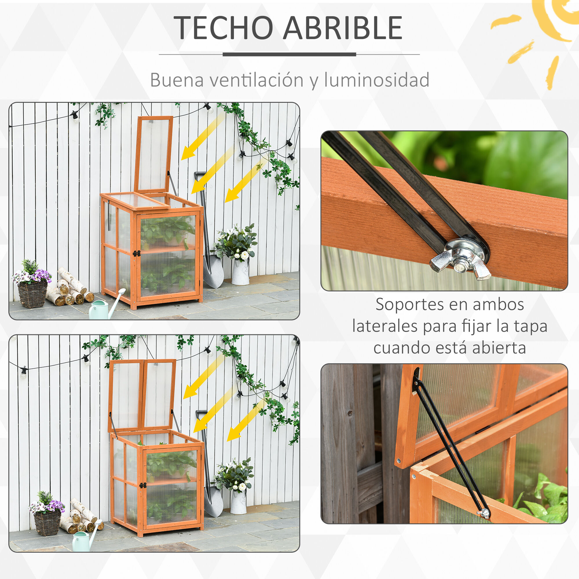Outsunny Mini Invernadero de Jard&iacute;n Invernadero de Madera y Paneles de Policarbonato Vivero Casero con 2 Estantes Tapas y Puerta para Plantas Huerto Jardiner&iacute;a 62x63x82 cm Madera Natural, , large Imagen numero 4