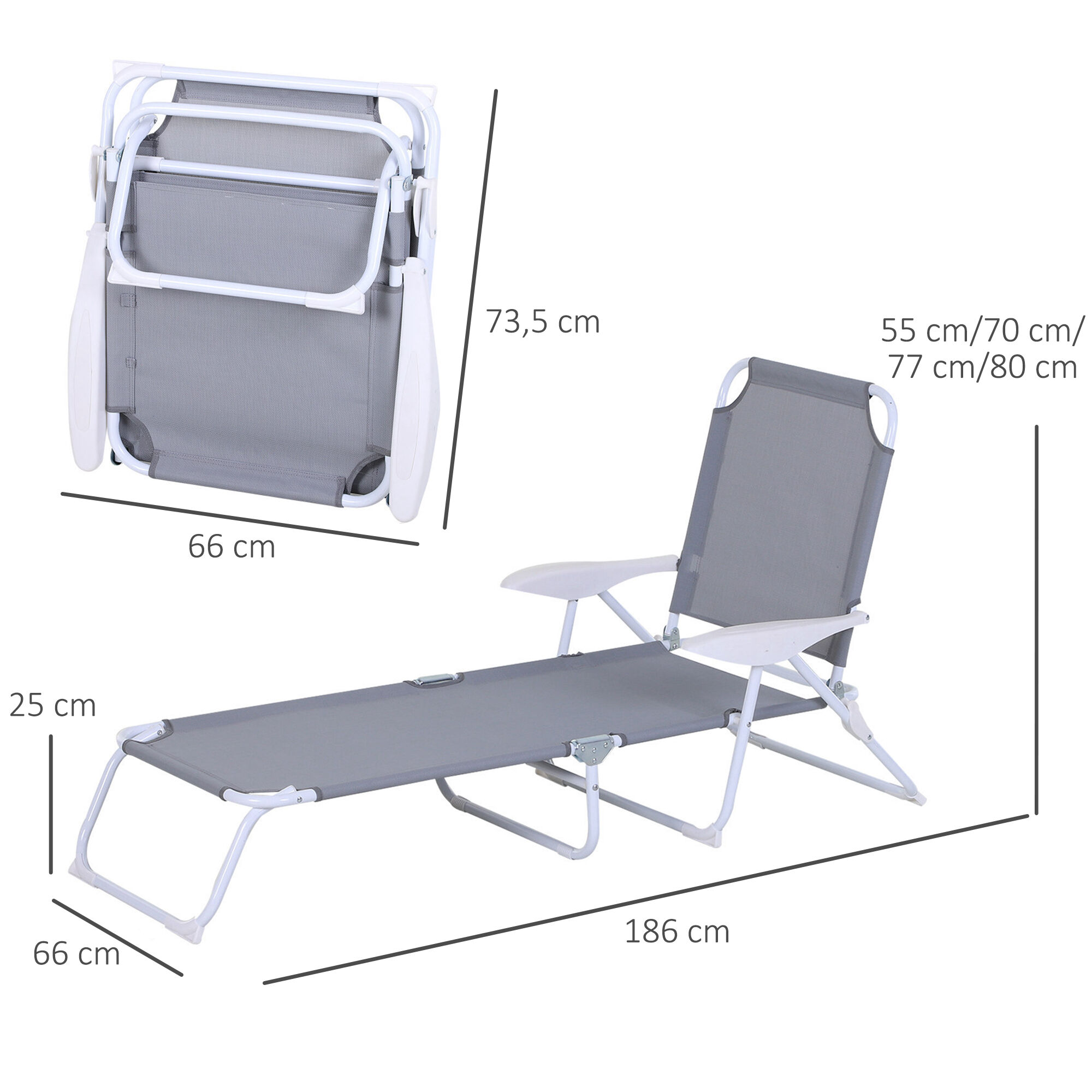 Outsunny Conjunto de 2 Tumbonas Plegables Tumbonas de Jard&iacute;n con Respaldo Ajustable en 4 Niveles Carga 120 kg para Terraza Piscina 186x66x80 cm Gris, , large Imagen numero 3