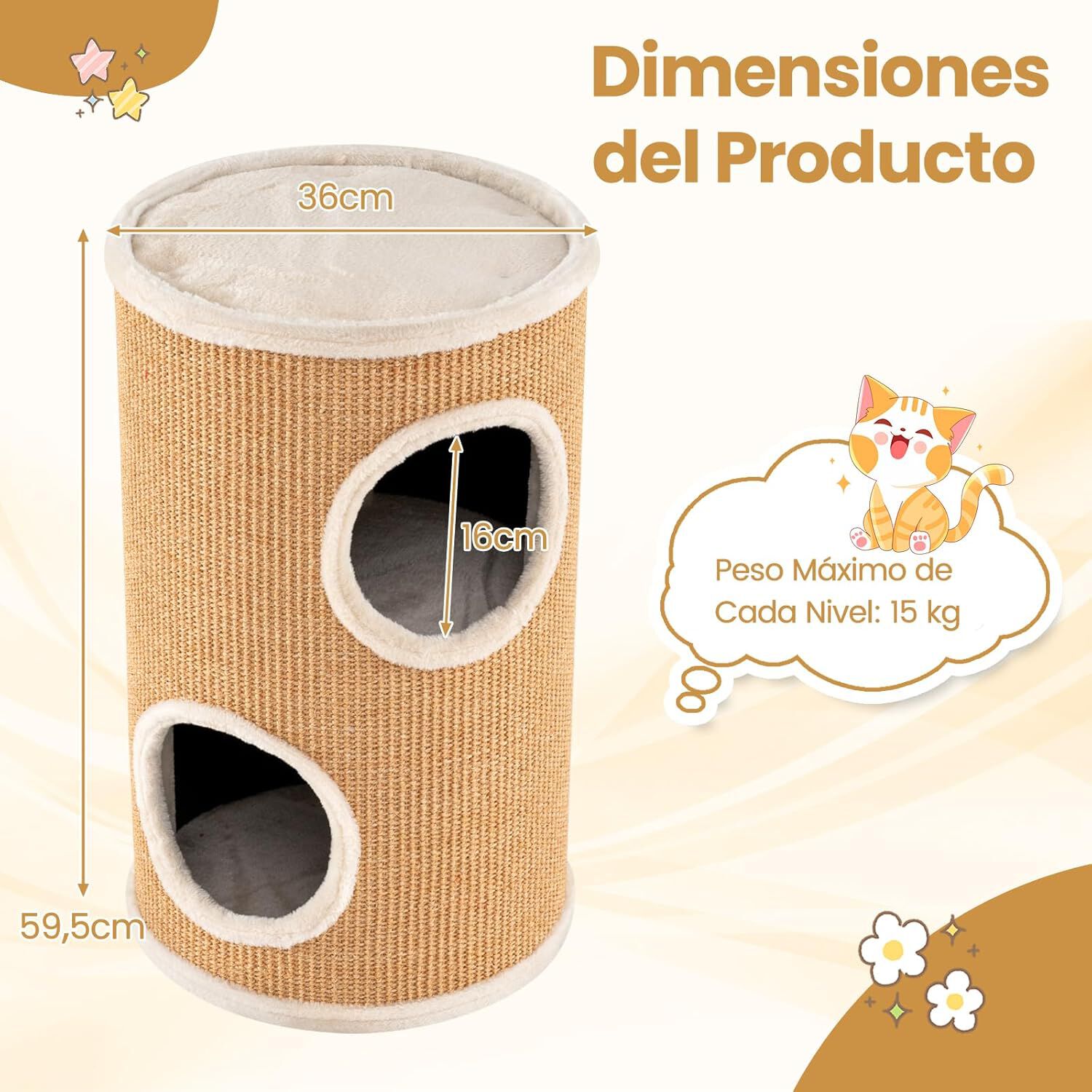 COSTWAY Barril Rascador para Gatos de 3 Niveles, 60 cm Torre Gato Rascador con Almohadilla para Rascar de Sisal, Cama Acolchada, Condominio para Gato Forma Barril, Ideal para Hogares con Varios Gatos, , large Imagen numero 5