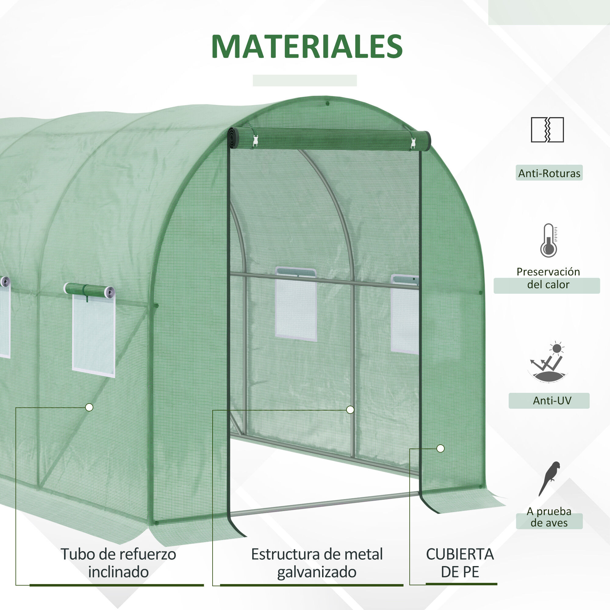 Outsunny Invernadero de T&uacute;nel 3x2x2 m Invern&aacute;culo de Jard&iacute;n Exterior con Puerta Enrollable y 6 Ventanas Polietileno y Metal Galvanizado para Cultivos Plantas Flores Verde, , large Imagen numero 4