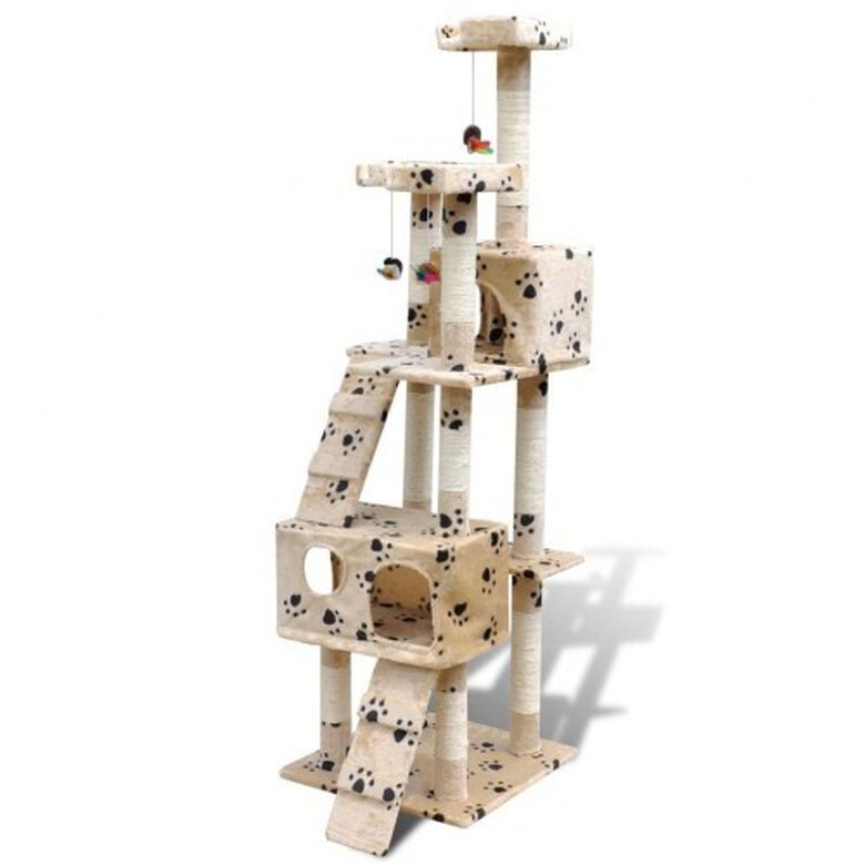Rascador poste y 2 casas para gatos color Beige Huellas, , large image number null