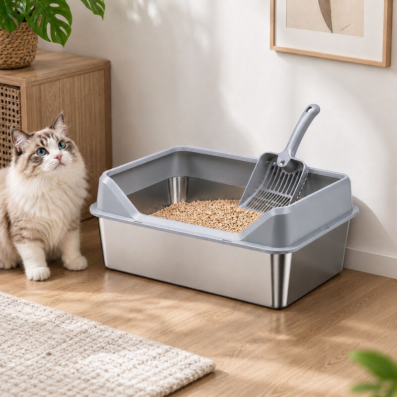 FreshPaw Arenero Grande de Acero Inoxidable para Gatos 60 &times; 40 &times; 25 cm, Bandeja Higi&eacute;nica Antisalpicaduras para Gatos Grandes, con Pala, , large Imagen numero 2