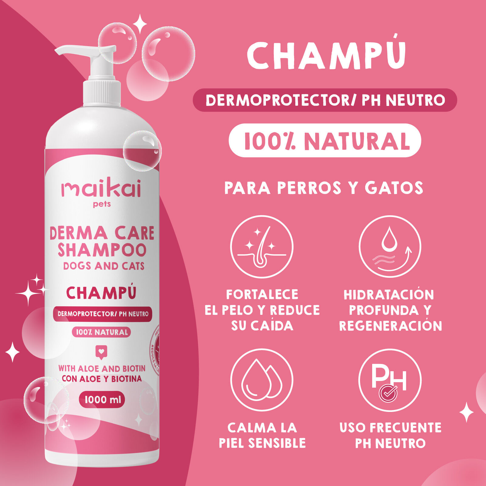 MAIKAI Champ&uacute; Natural para Perros y Gatos con Aloe Vera y Biotina &ndash; Piel Sensible, Calmante e Hidratante 1000 ml, , large Imagen numero 2