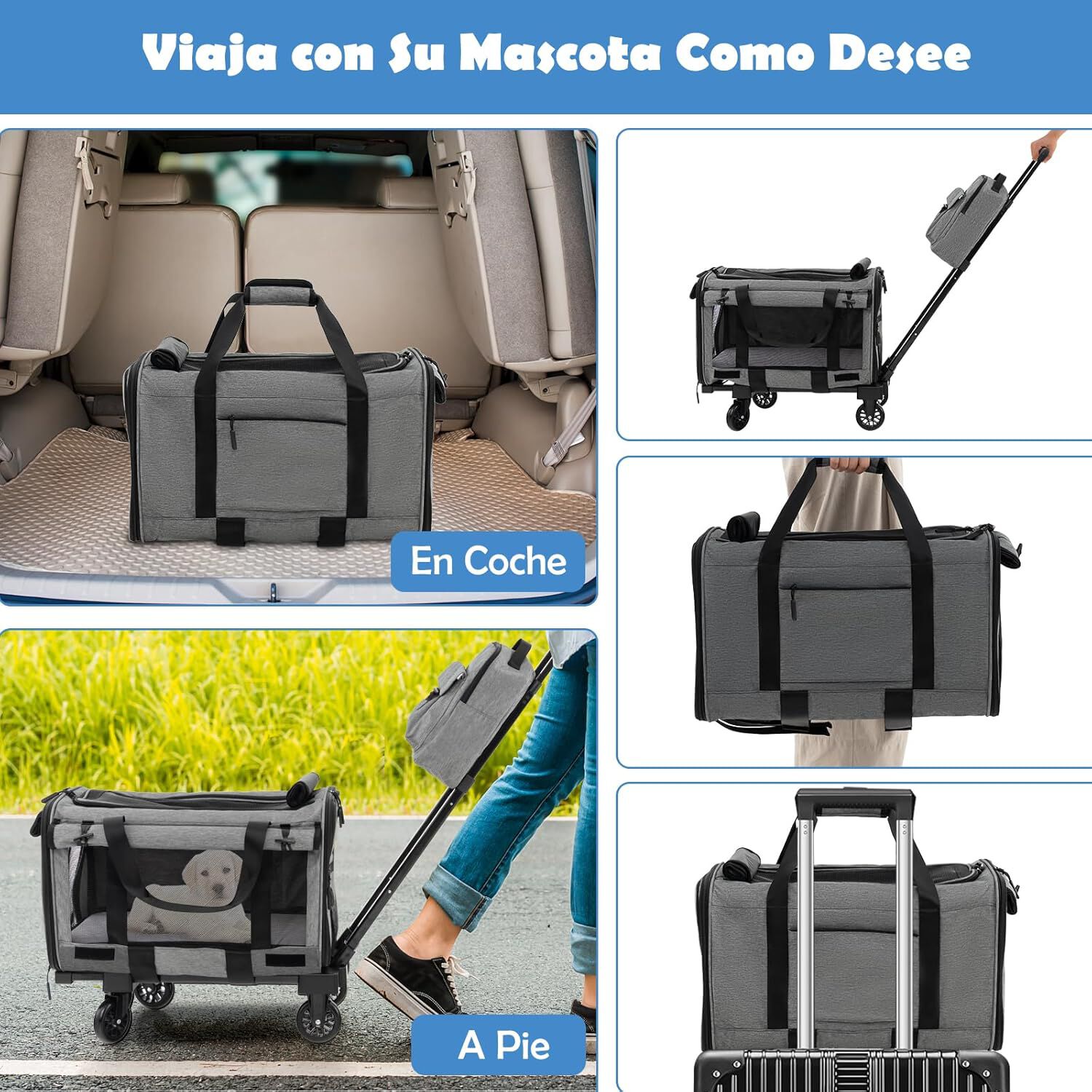 COSTWAY Transport&iacute;n Plegable con Ruedas para Mascotas, Bolsa Trasport&iacute;n de Viaje para Perros Gatos, Transportador con Almohadillas y Manija Telesc&oacute;pica para Mascotas Peque&ntilde;as Medianas, , large Imagen numero 3