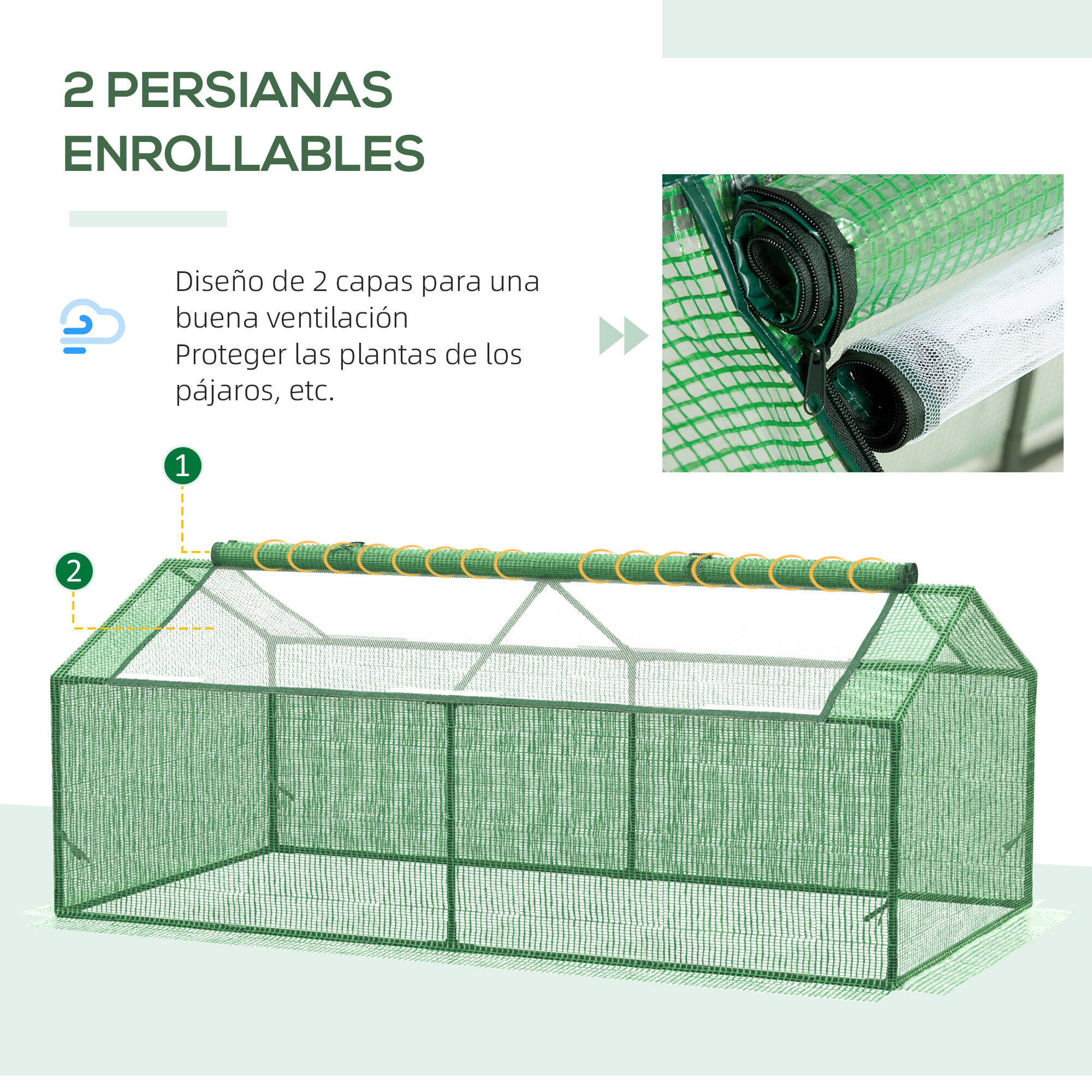 Outsunny Invernadero de Terraza 180x90x70 cm Caseta de Jard&iacute;n con 2 Ventanas Enrollables Cubierta de PE y Marco de Metal Vivero Casero para Cultivo Plantas Flores Verde, , large Imagen numero 5