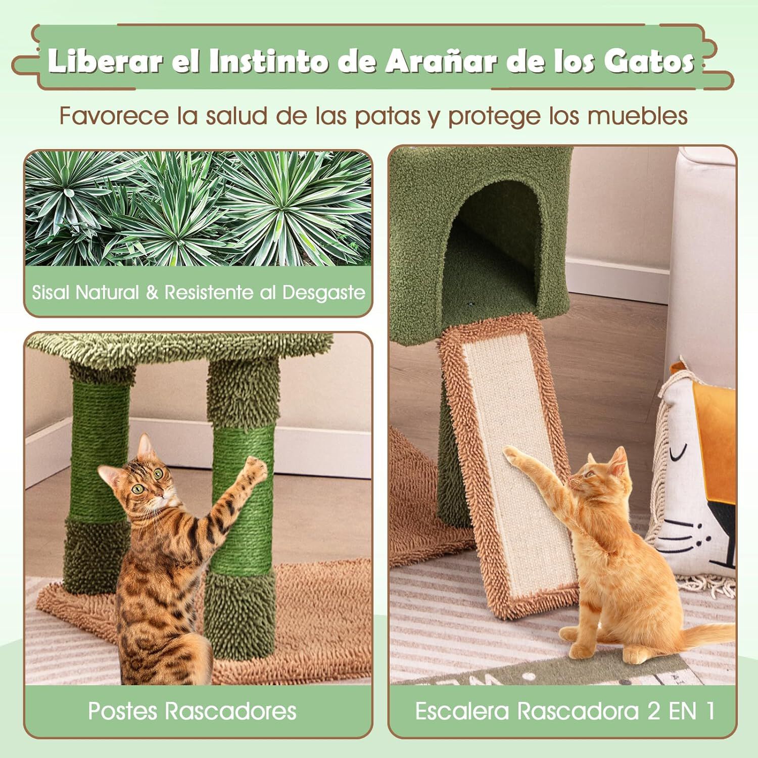 COSTWAY árbol rascador con Diseño de Cactus Verde con Condominio, Hamaca, Plataforma para Gatos thumbnail