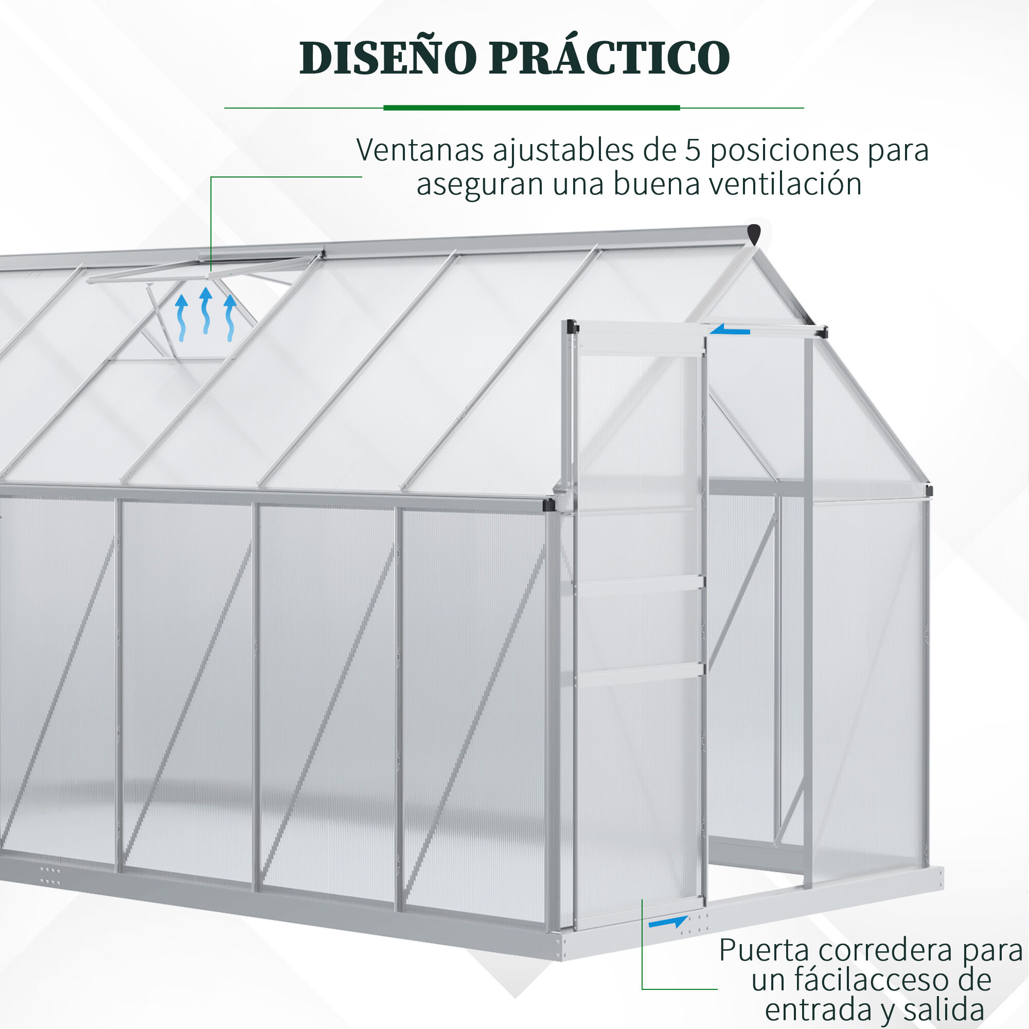 Outsunny Invernadero Policarbonato Aluminio de Jard&iacute;n 190x375x199 cm 7,1m&sup2; Caseta de Exterior con Base Puerta Corredera y 2 Tragaluces para Cultivo Plantas Semillas Transparente, , large Imagen numero 5
