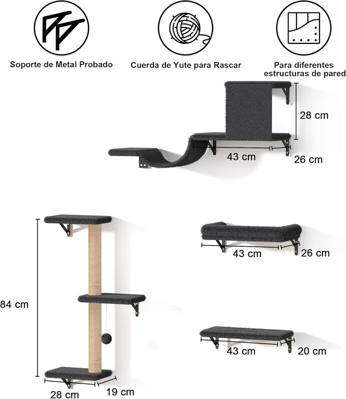 Fukumaru Set de Muebles de Pared para Gatos con Puente y Rascador &ndash; Gimnasio de Escalada Completo, Madera Maciza, Ahorro de Espacio, Alta Resistencia, , large Imagen numero 5