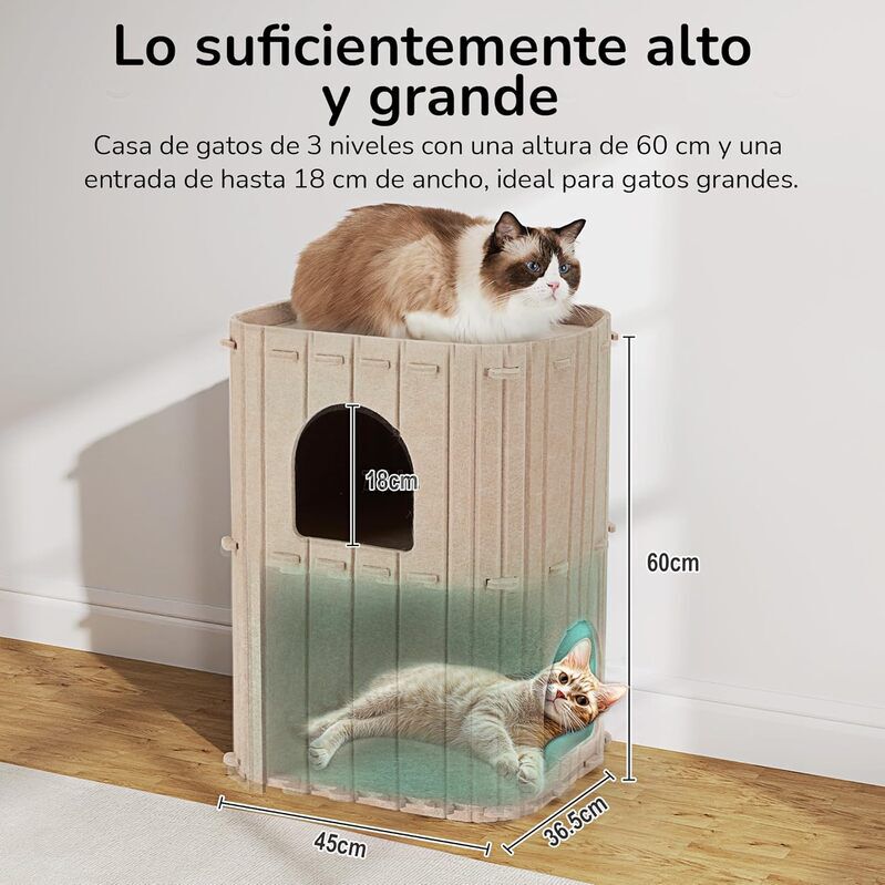 Fukumaru Cueva para Gatos de 2 Pisos en Color Beige | Casa Multinivel para Varios Gatos, de Lana Natural, Dise&ntilde;o Moderno, Estable, Plegable y F&aacute;cil de Limpiar, , large Imagen numero 2