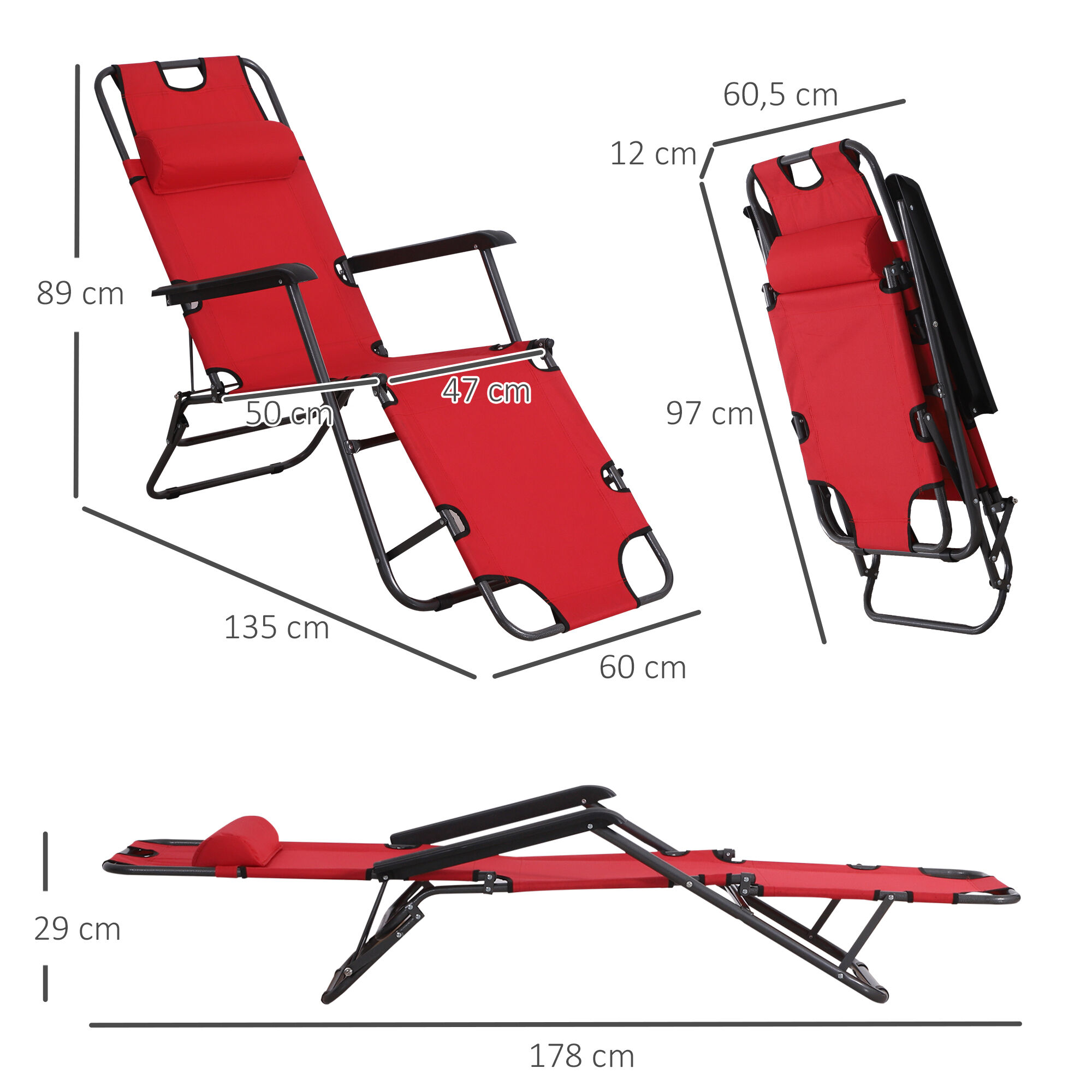 Outsunny Tumbona Reclinable y Plegable Silla de Playa Tumbona Relax Plegable con Respaldo Ajustable Reposabrazos Almohada y Reposapi&eacute;s para Jard&iacute;n Balc&oacute;n Carga 136 kg 135x60x89 cm Rojo, , large Imagen numero 3