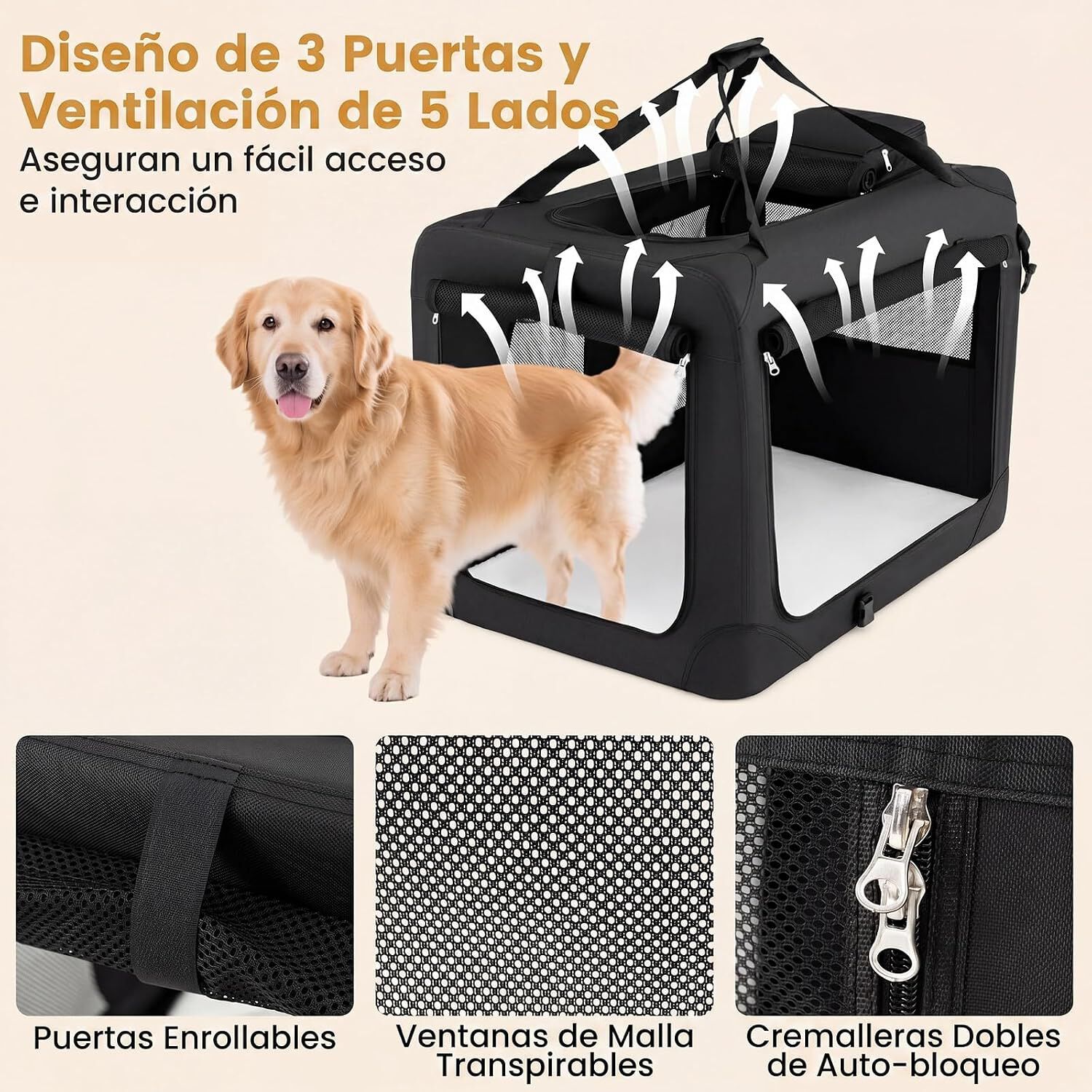 COSTWAY Transport&iacute;n para Perros Plegable, Bolsa Transporte para Gatos con Ventanas de Malla, 3 Puertas y Bolsillos Extra&iacute;bles, Portador de Viaje para Mascotas Interior y Exterior (Negro, M), , large Imagen numero 8