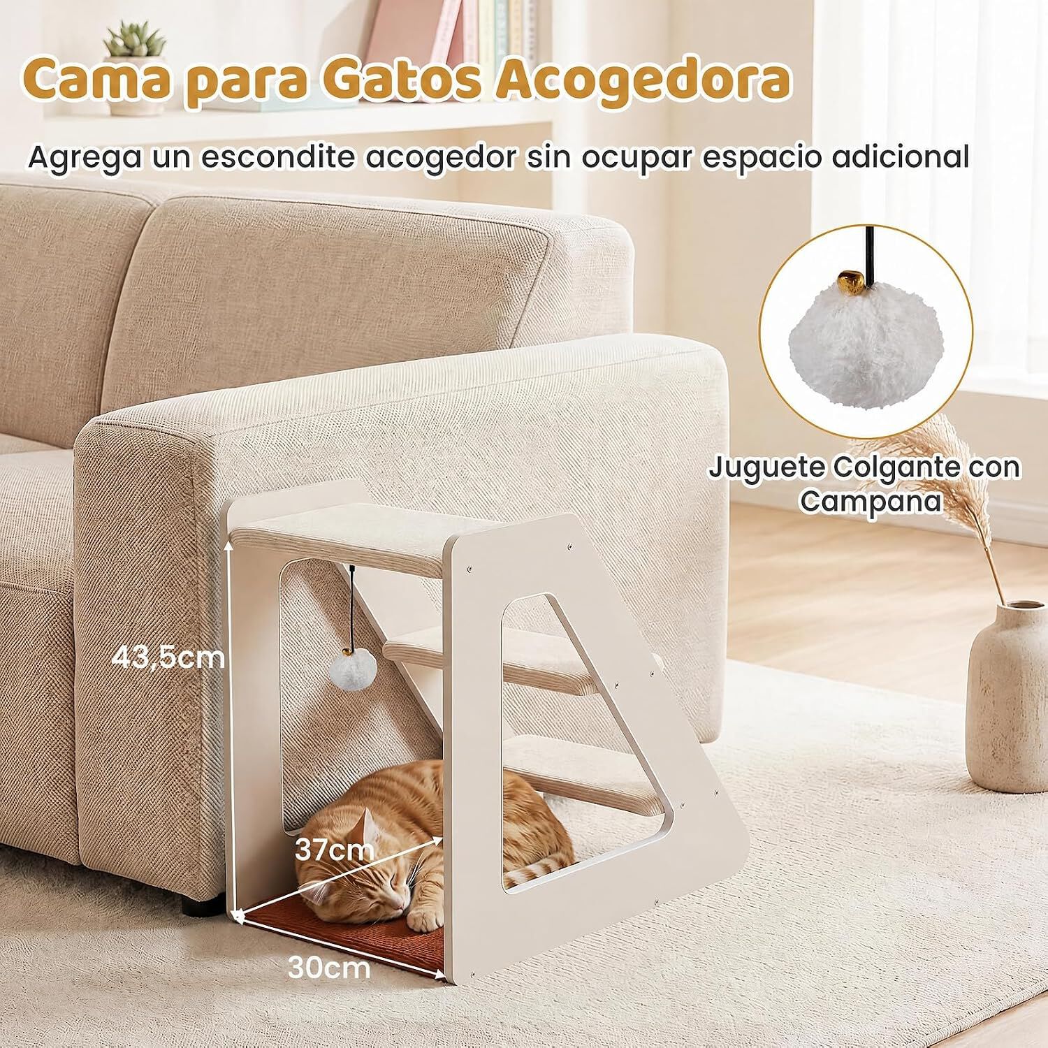 COSTWAY Escalera para Perros y Gatos de 3 Niveles con Pana Antideslizante | Rampa para Perros con Cama Acogedora y Juguete Colgante con Cascabel, Escalones para Mascotas, Acceso al Sof&aacute;, Cama, Ventana, , large Imagen numero 5