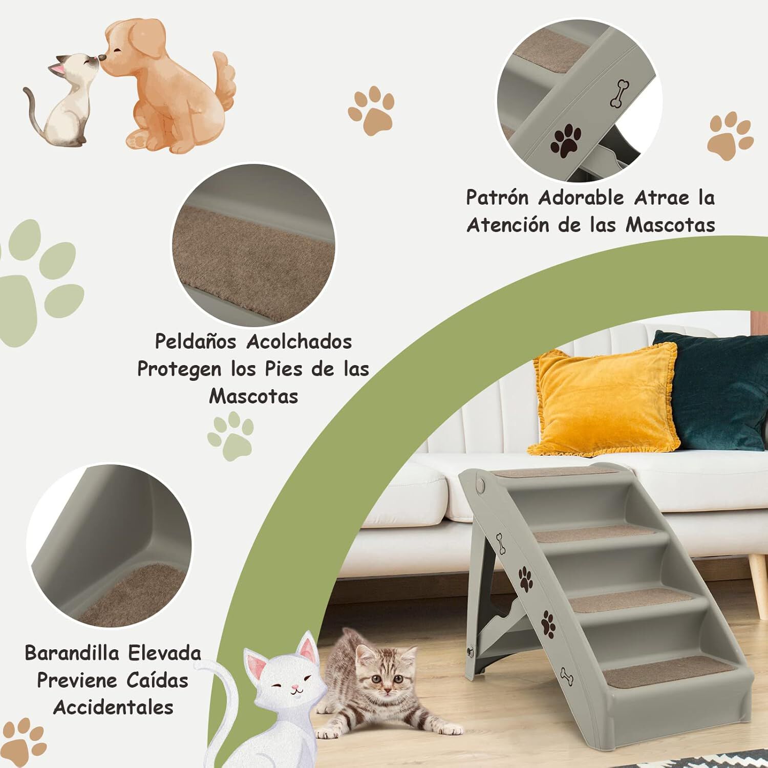 COSTWAY Escalera de Pl&aacute;stico Plegable para Mascotas, Escalera de Pl&aacute;stico con 4 Pelda&ntilde;os para Interior y Exterior, con Fieltro Blando, Ideal para Mascotas de Talla Peque&ntilde;a y Mediana (Gris), , large Imagen numero 5