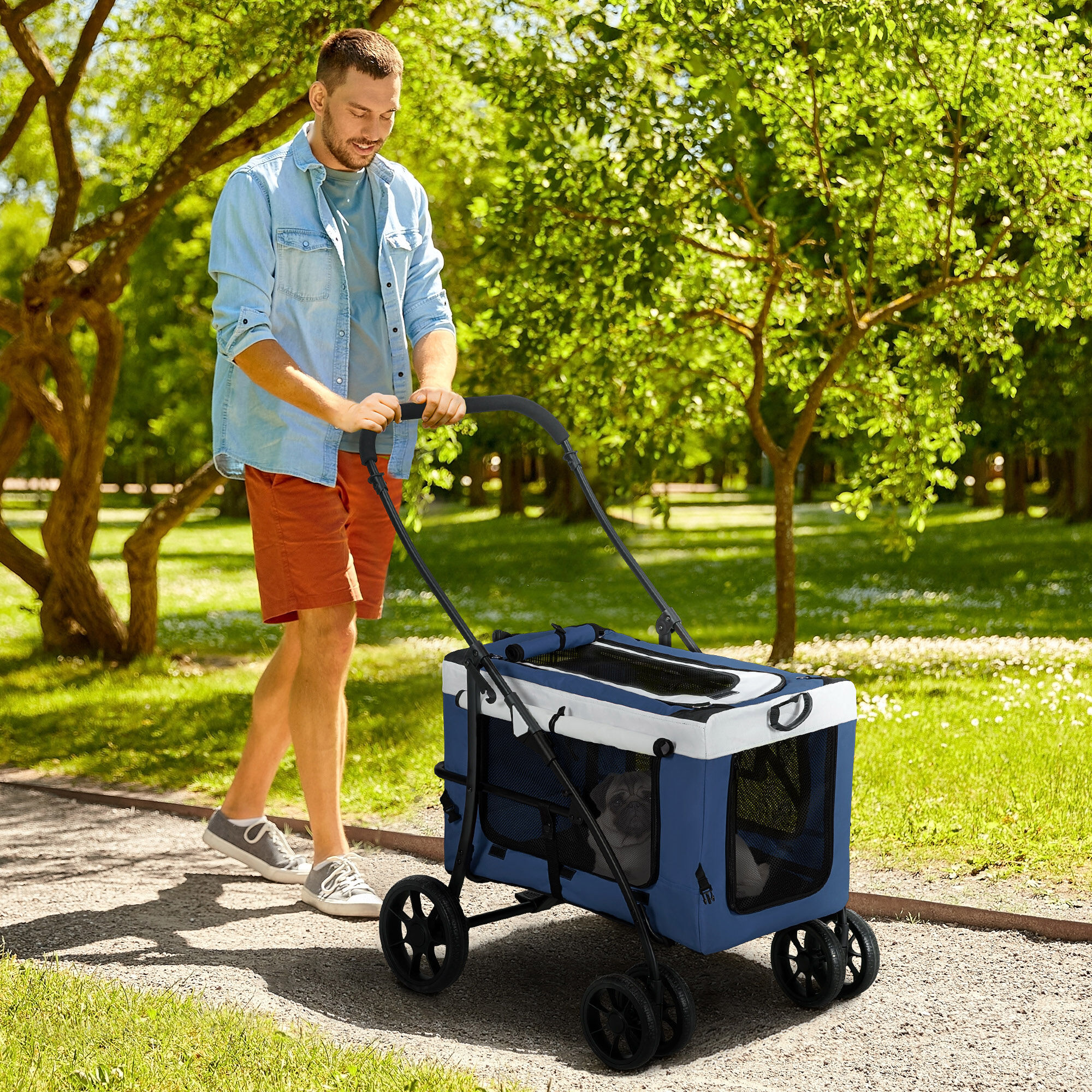 PawHut Carrito para Perros Cochecito para Perros Plegable con Vag&oacute;n Desmontable 4 Puertas con Cremallera 2 Correas de Seguridad 2 Correa de Transporte y Coj&iacute;n Azul, , large Imagen numero 2