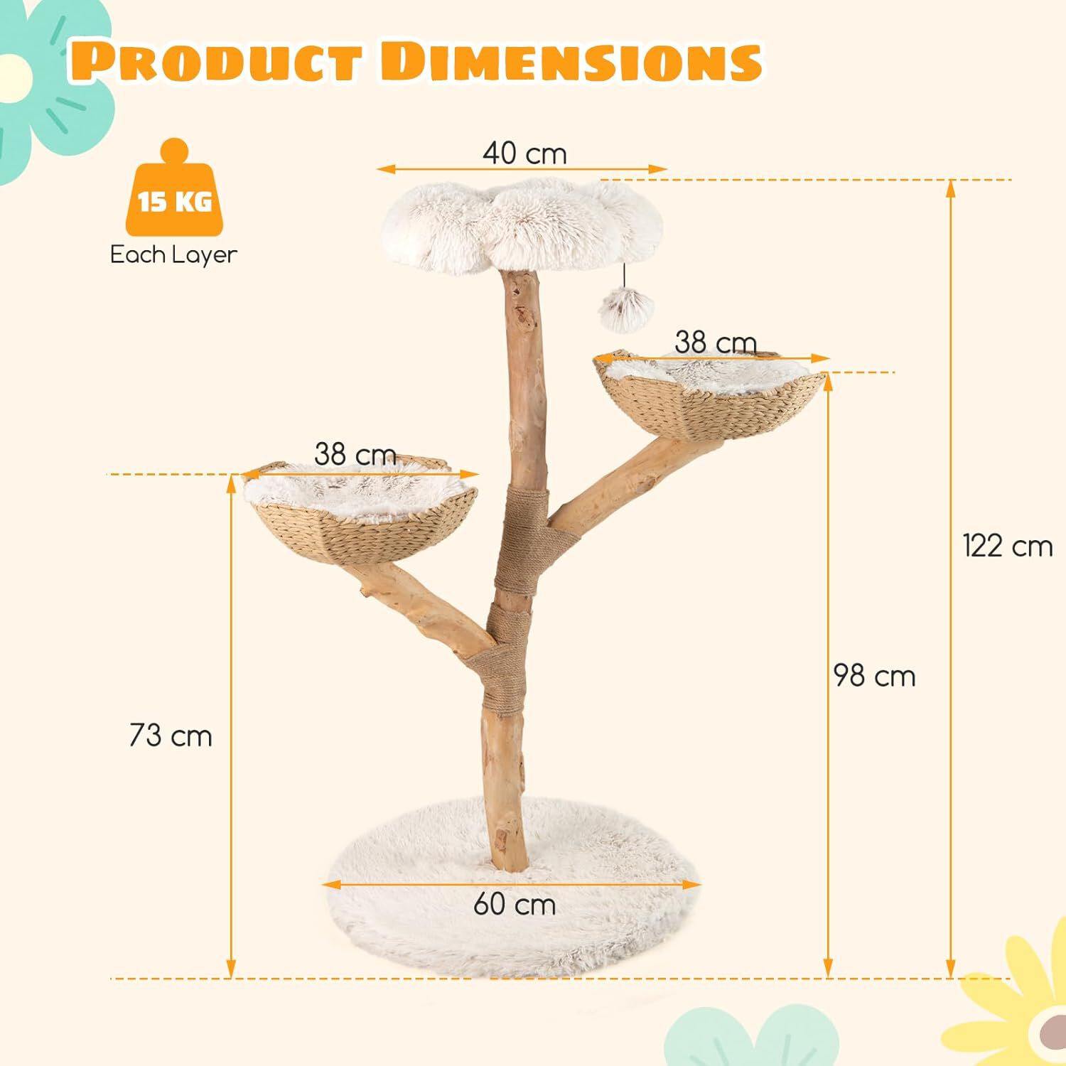 COSTWAY Rascador para Gatos, Árbol para Gatito Moderno de Madera Maciza, 122 cm Torre Gatos Rascador con Plataforma Forma de Flores, 2 Nidos con Cojines, Poste de Yute, Bola Colgante, Blanco y Natural thumbnail