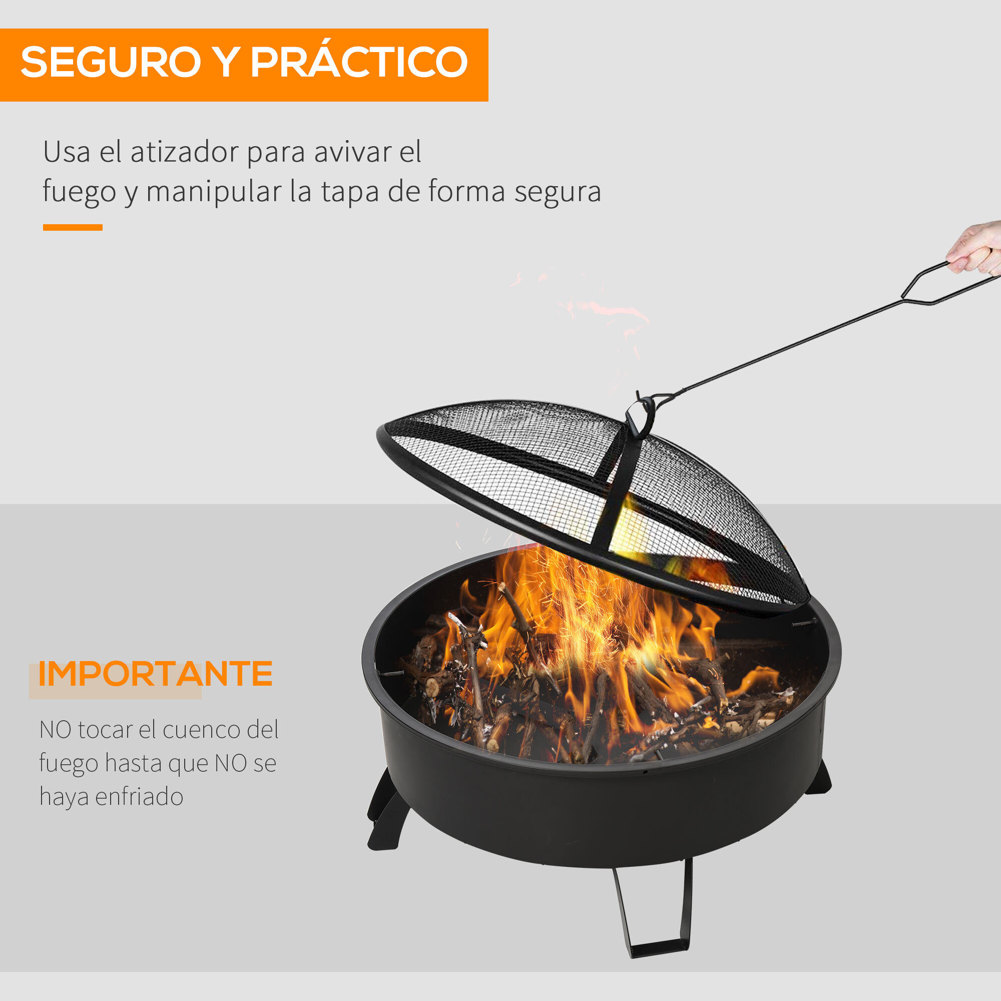 Outsunny Brasero Exterior &Oslash;76x49,5 cm 2 EN 1 Profundidad del Cuenco 18 cm con Rejilla de Cocina Parrilla para Barbacoa Calefacci&oacute;n Tapa de Malla Atizador de Fuego para Patio Jard&iacute;n Negro, , large Imagen numero 5