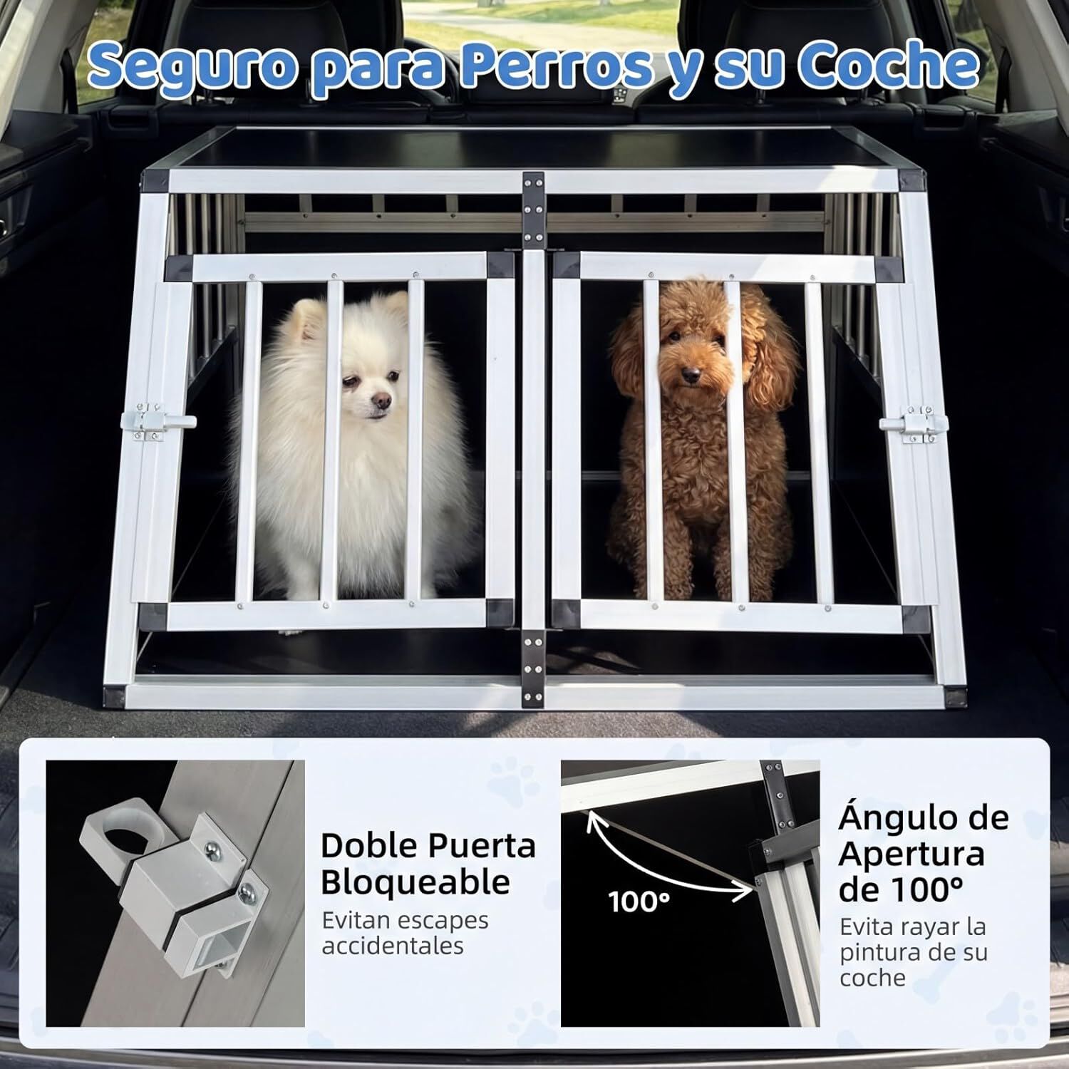 COSTWAY Transportin Perro Coche, Caja de Transporte de Aluminio para 2 Perros con Puerta Bloqueable, Divisor Extra&iacute;ble, Jaula para Perros Peque&ntilde;as y Medianos, Coche, Viaje y Camping, 89x69x50,5 cm, , large Imagen numero 4