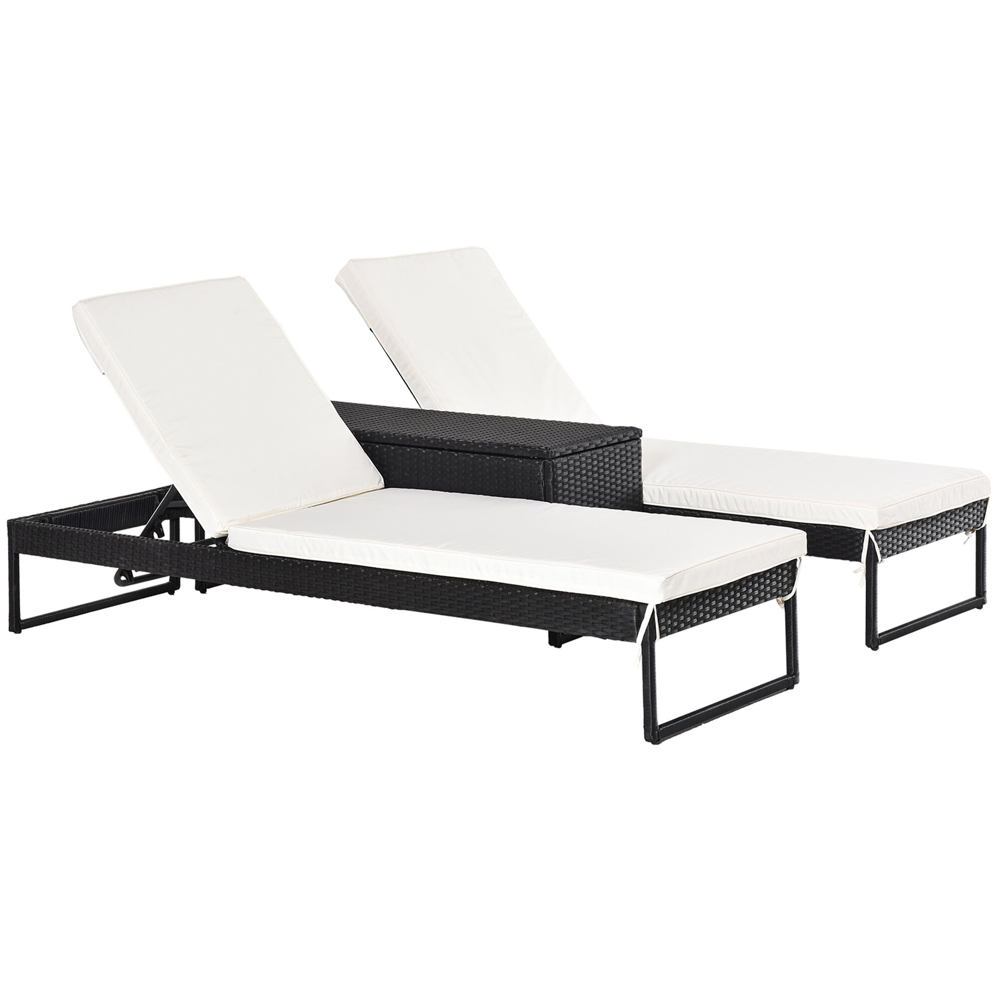 Outsunny Conjunto de 2 Tumbonas de Jard&iacute;n con Cojines Acolchados Rat&aacute;n con Mesa Auxiliar para Piscina o Terraza Carga 160 kg 195x60x86 cm Acero Negro, , large Imagen numero 1