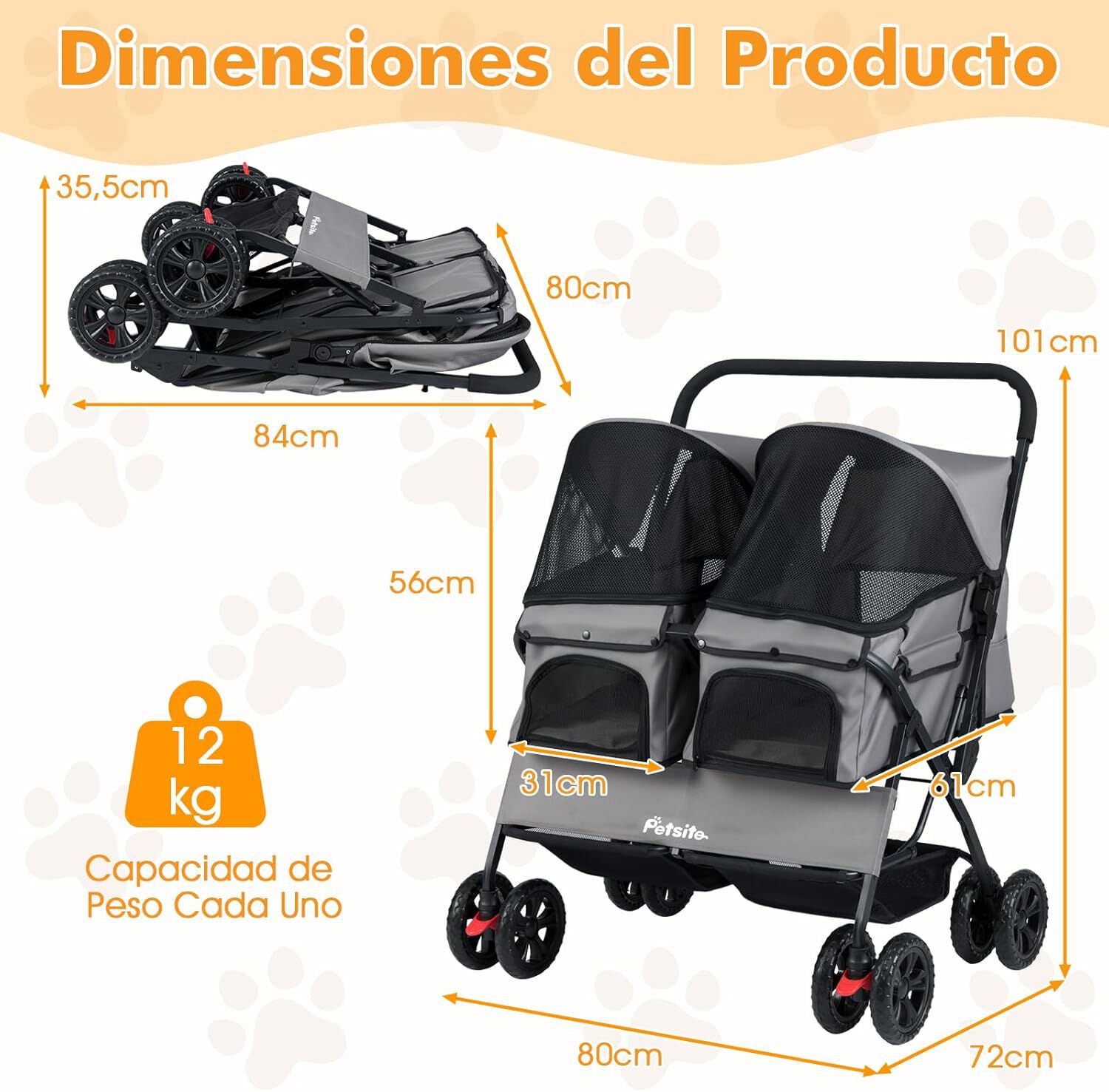 COSTWAY Carrito para Perros Doble, Cochecito Plegable para Perros con 2 Portabeb&eacute;s, Sombrilla Ajustable, Almohadilla Extra&iacute;ble, Cintur&oacute;n de Seguridad, Cesta, Carro Mascotas, Carga 12 kg uno (Gris), , large Imagen numero 5