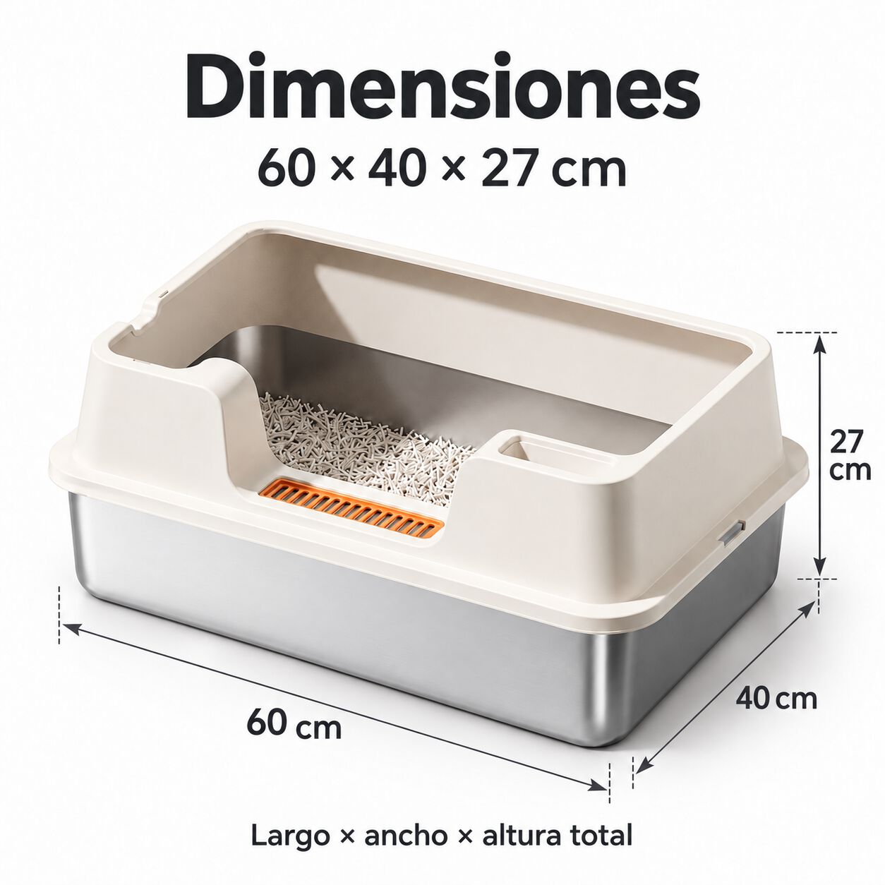 Arenero XL de acero inoxidable para gatos con bordes altos, blanco roto, 60 &times; 40 &times; 27 cm, , large Imagen numero 2