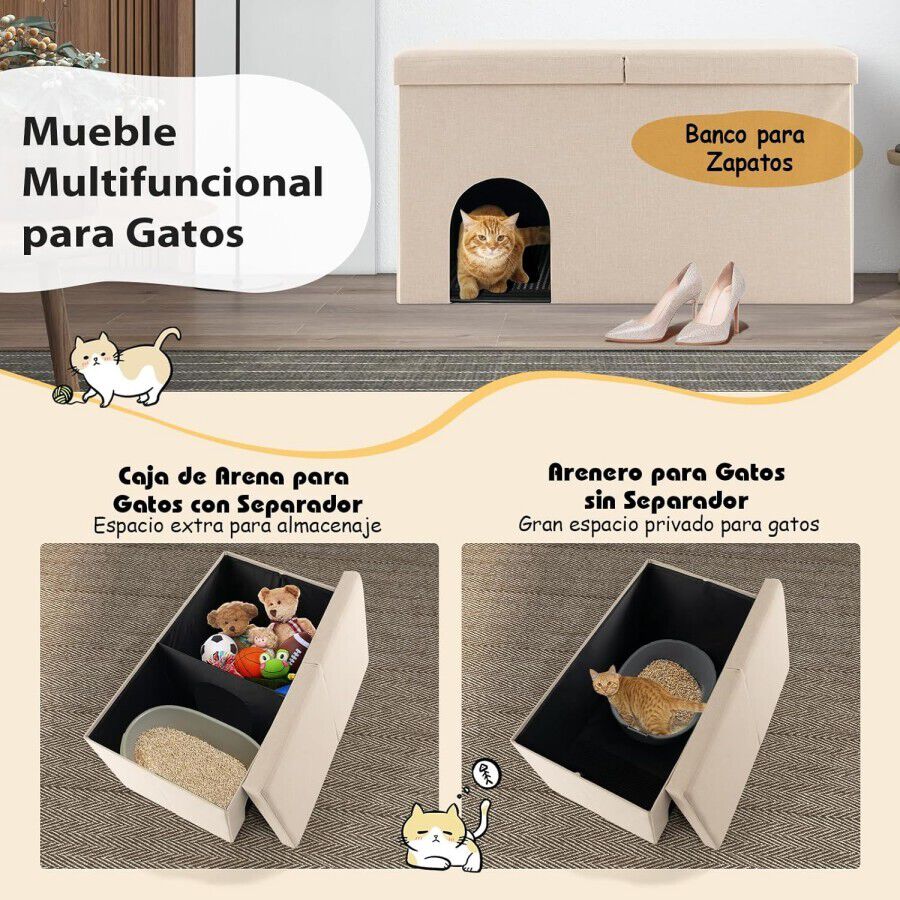 COSTWAY Banco con Arenero para Gatos, Banco De Almacenamiento con Estera de Arena a Prueba de Orina y Filtro de Carb&oacute;n, Cajas de Arena Impermeable 90 x 50 x 50 cm (Beige), , large Imagen numero 3